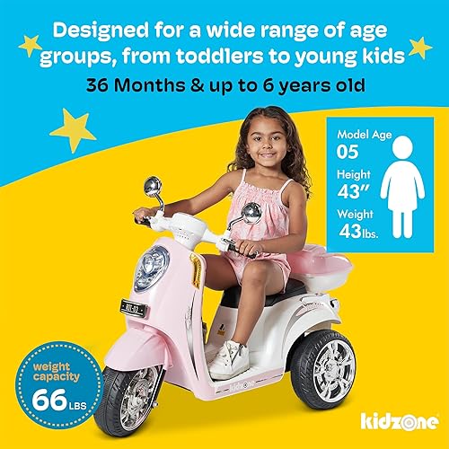 Miniatura 5 de Kidzone - Motocicleta eléctrica de juguete de 3 ruedas con batería para niños de 3 años en adelante, con música, faro, bocina, baúl de