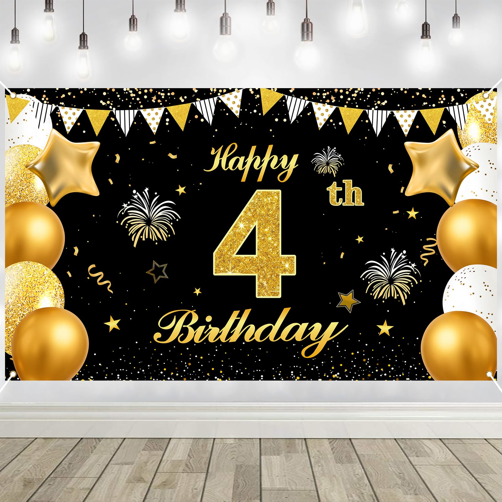 4th Birthday Decorations Banner Gold Black Happy Birthday Door Banner for Party Photo Backdrop for Men Women Home Outdoor Cover Party Decoration Supplies Poster
