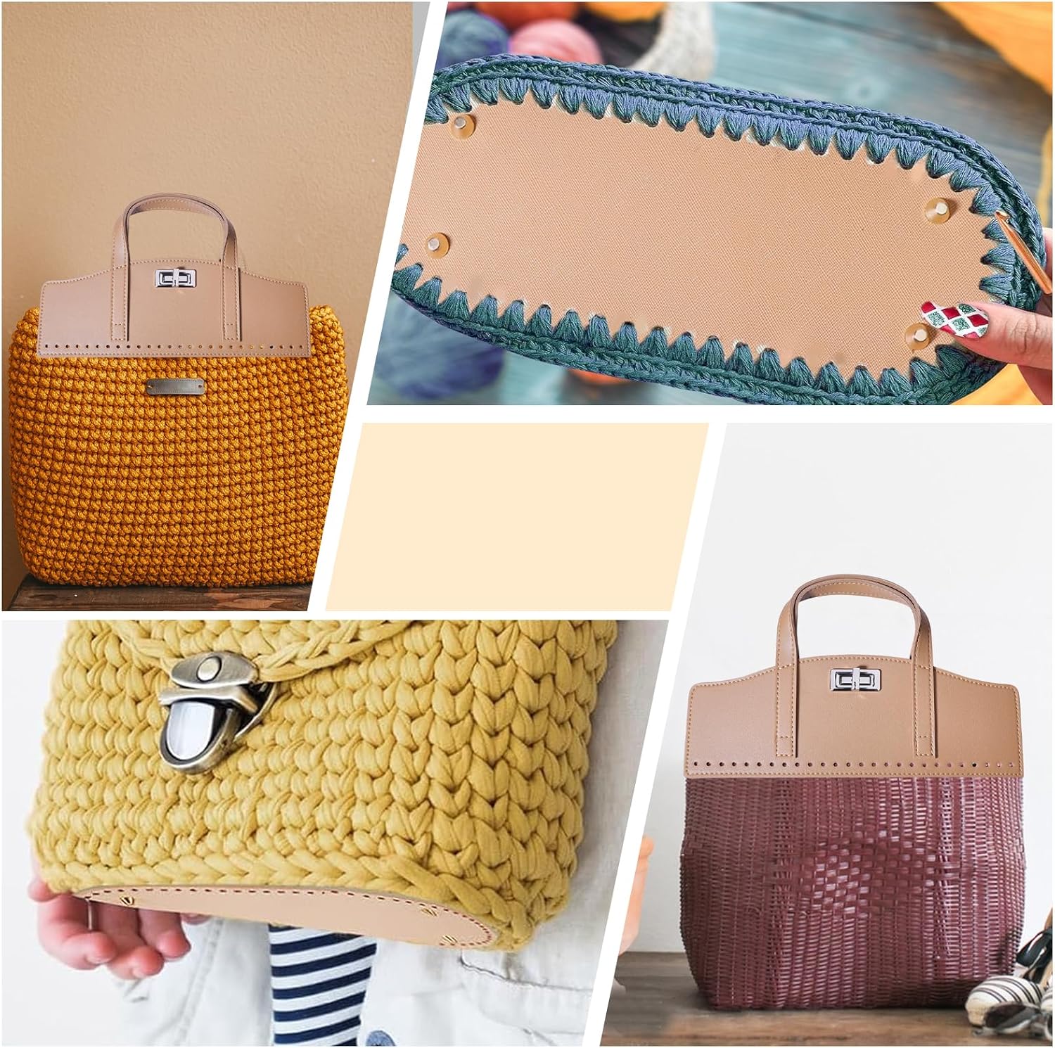 beinkmake PU Leather Handbag Making Kits Bag Bottom Shaper Bag Straps with Holes Turn Lock Crochet Knitting Set for DIY Purse Wallet Shoulder Tote Bags Backpack Making Repairing Khaki