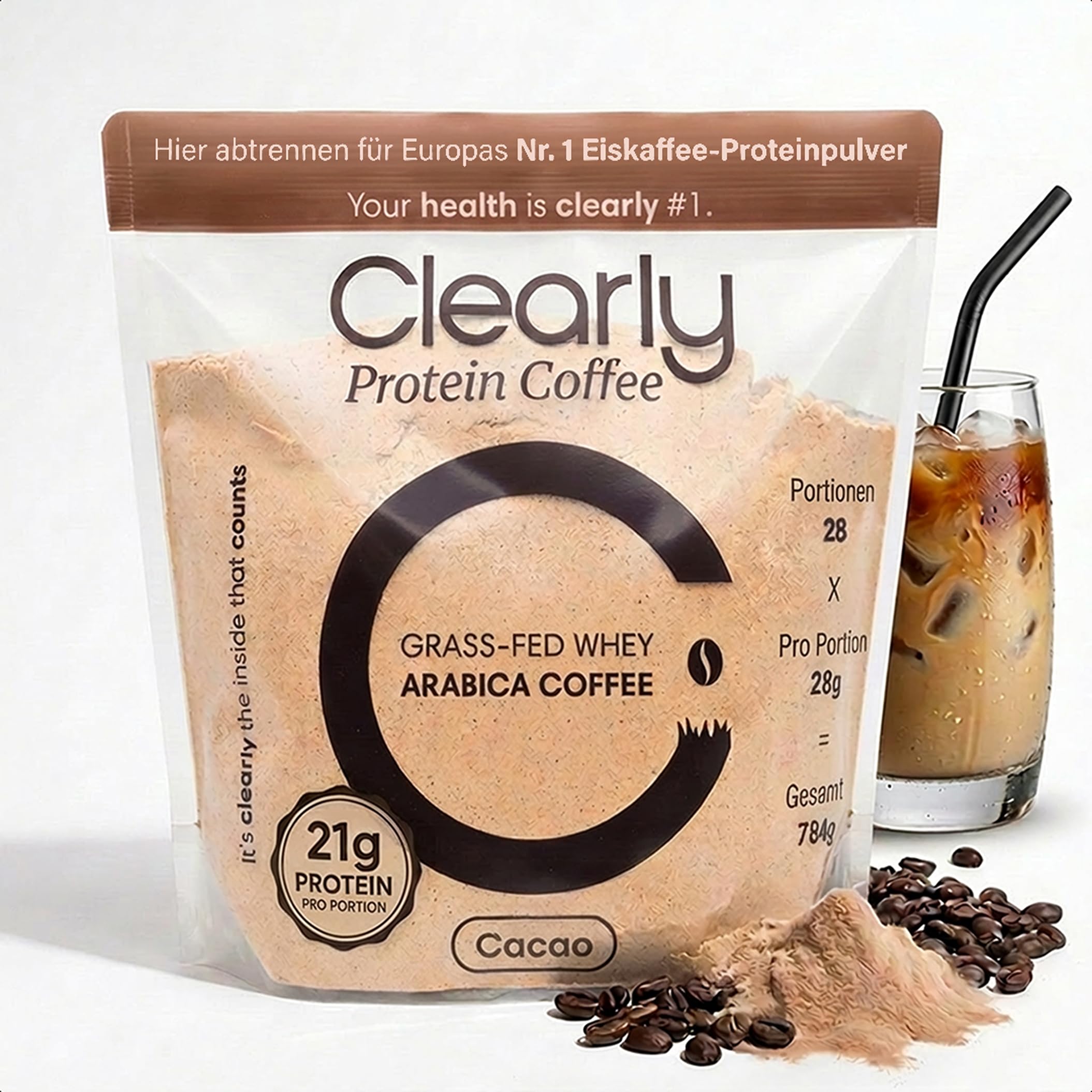 Clearly Protein Eiskaffee Pulver - Protein Iced Coffee mit 100% kolumbianischem Kaffee - 21g Eiweiß pro Portion - Zuckerfrei - 28 Portionen - 784g - Chocolate