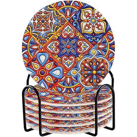 Mexican Talavera Coasters and Holder Set for Home Decor