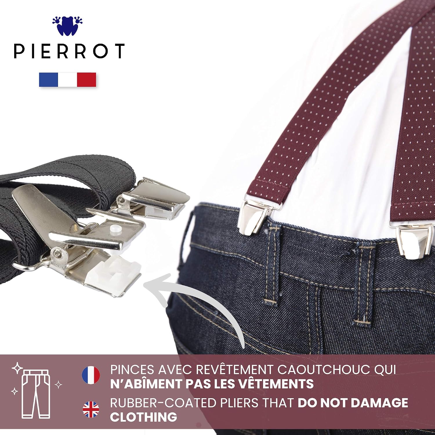 PIERROT Skinny Suspenders for Men with Very Strong Clips - One Size Adjustable and Elastic - Thin Heavy Duty Braces