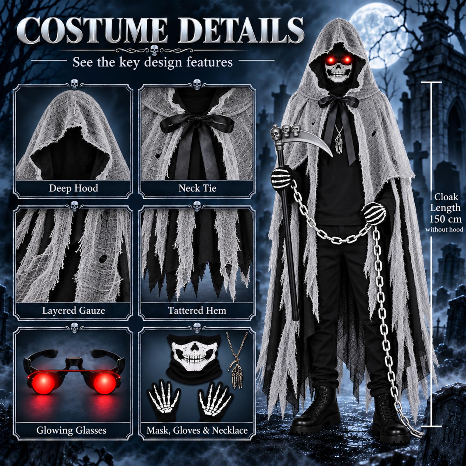 Costume Halloween Bambino Adulti Unisex Vestito Mietitore Pauroso con Falce, Teschio Maschera, Occhiali Luminosi e Guanti Scheletro Capo Nero Grigio con Cappuccio per Cosplay Halloween Carnevale