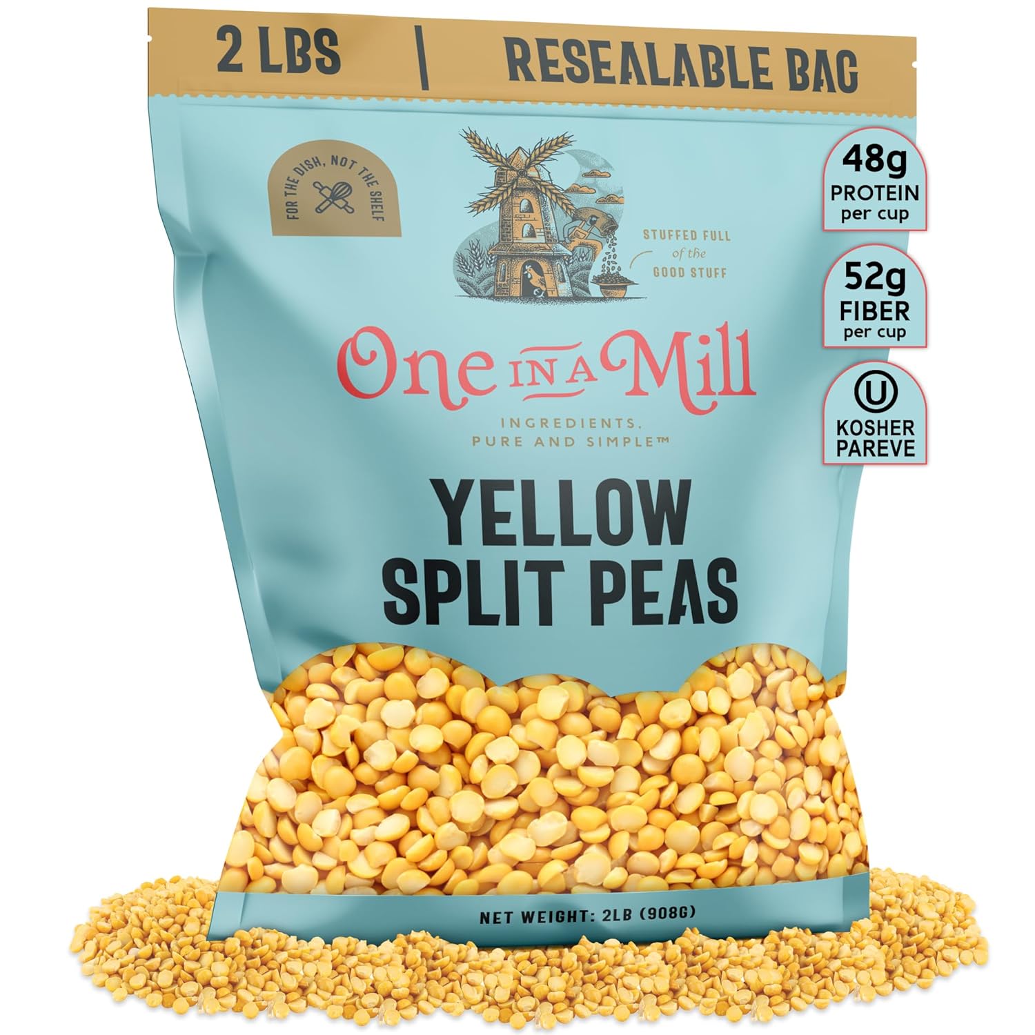 ONE IN A MILL Yellow Split Peas 2LB Resealable Bag - All-Natural Vegan Protein for Soups, Stews, Curries | Gluten-Free, Non-GMO, OU Kosher