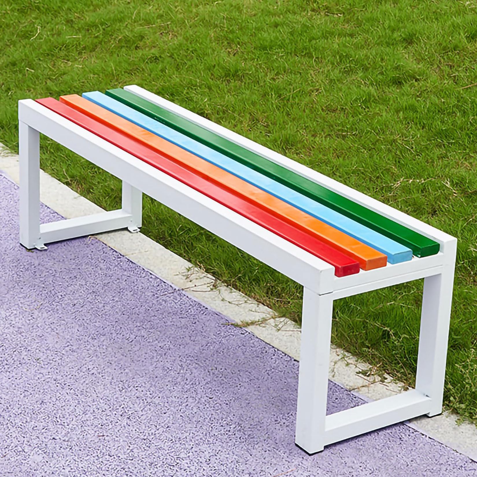 yurstcggh Garden Bench Outdoor,Outdoor Bench Weatherproof,Solid Wood Slatted Seat and Galvanized Frame,Rainproof, Sun-resistant and Rust-Proof,Basketball Court Courtyard Rainbow 100×40×45cm