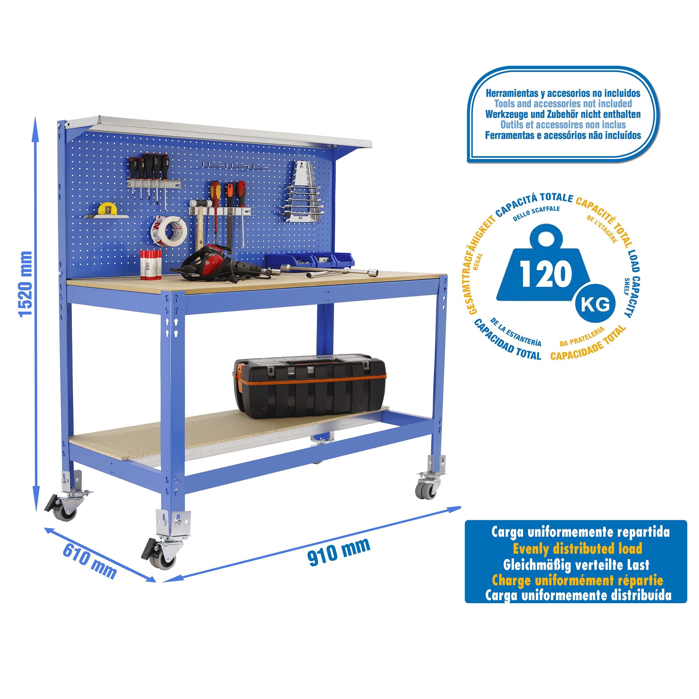 Simon Rack Banco de Trabajo Taller con Ruedas 910x610 mm - BT3 | Panel Perforado, Tablero madera 16 mm, Capacidad Carga 120 kg, Azul , Pintura anticorrosión, Montaje sistema clic