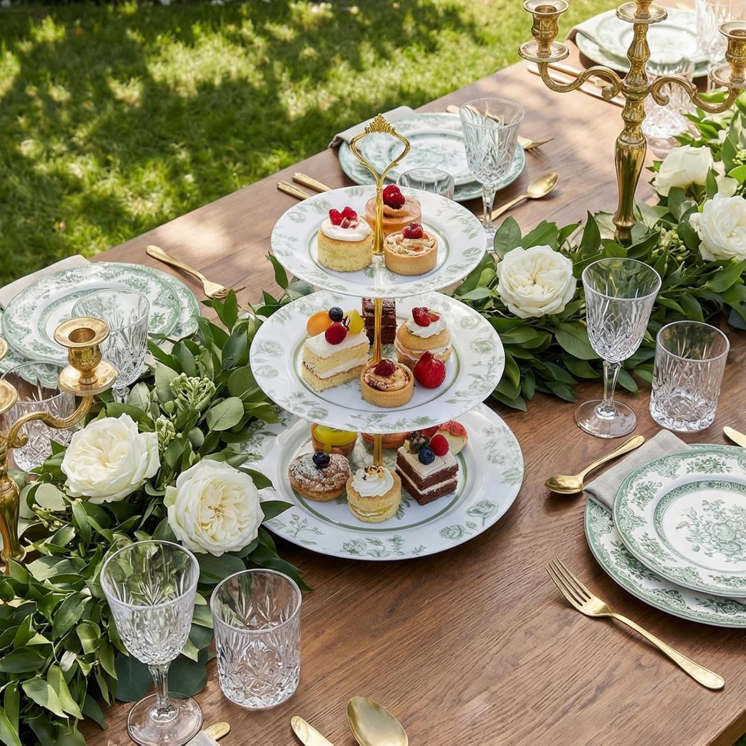 Lallisa Sage Green Floral 3 Tier Dessert Stand 10", 9" and 7" Ceramic Vintage Chinoiserie Tea Party Tiered Tray Cupcake Stand Display Holder Tower for Wedding Baby Shower Bridal Shower Tea Party