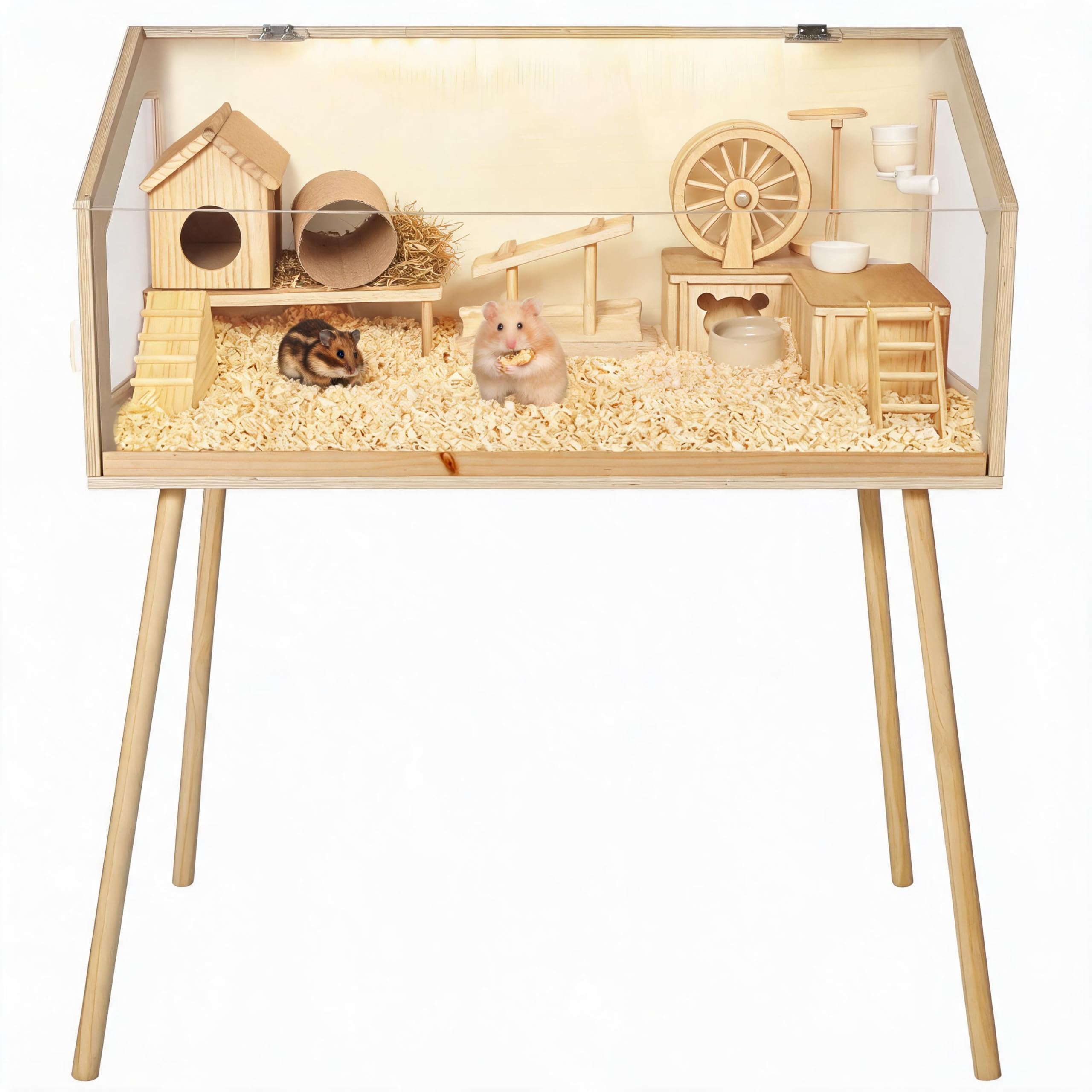 Großer Holz Hamsterkäfig mit Standbeinen Acrylfenster | Geräumiges Gehege mit Sichtfenster Klappdeckel und guter Belüftung für Hamster und Rennmäuse
