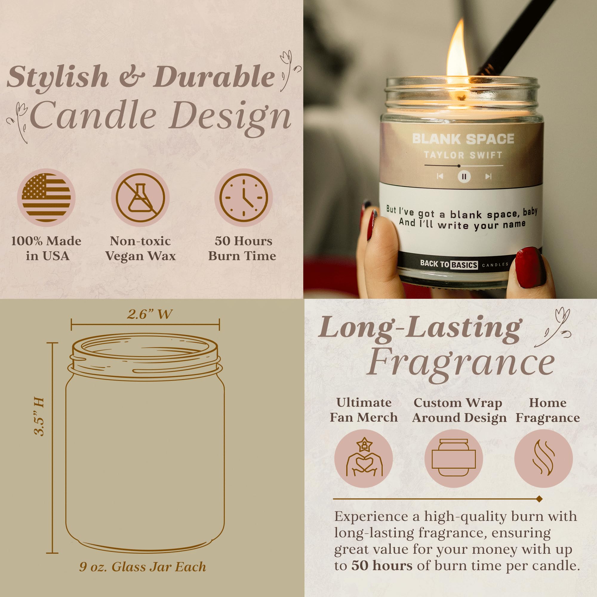 Back to Basics Taylor - Juego de velas prémium – 3 velas aromáticas veganas de cera de coco de soja para decoración del hogar, regalos de cumpleaños para mujeres, mejores amigos, hombres, aromaterapia