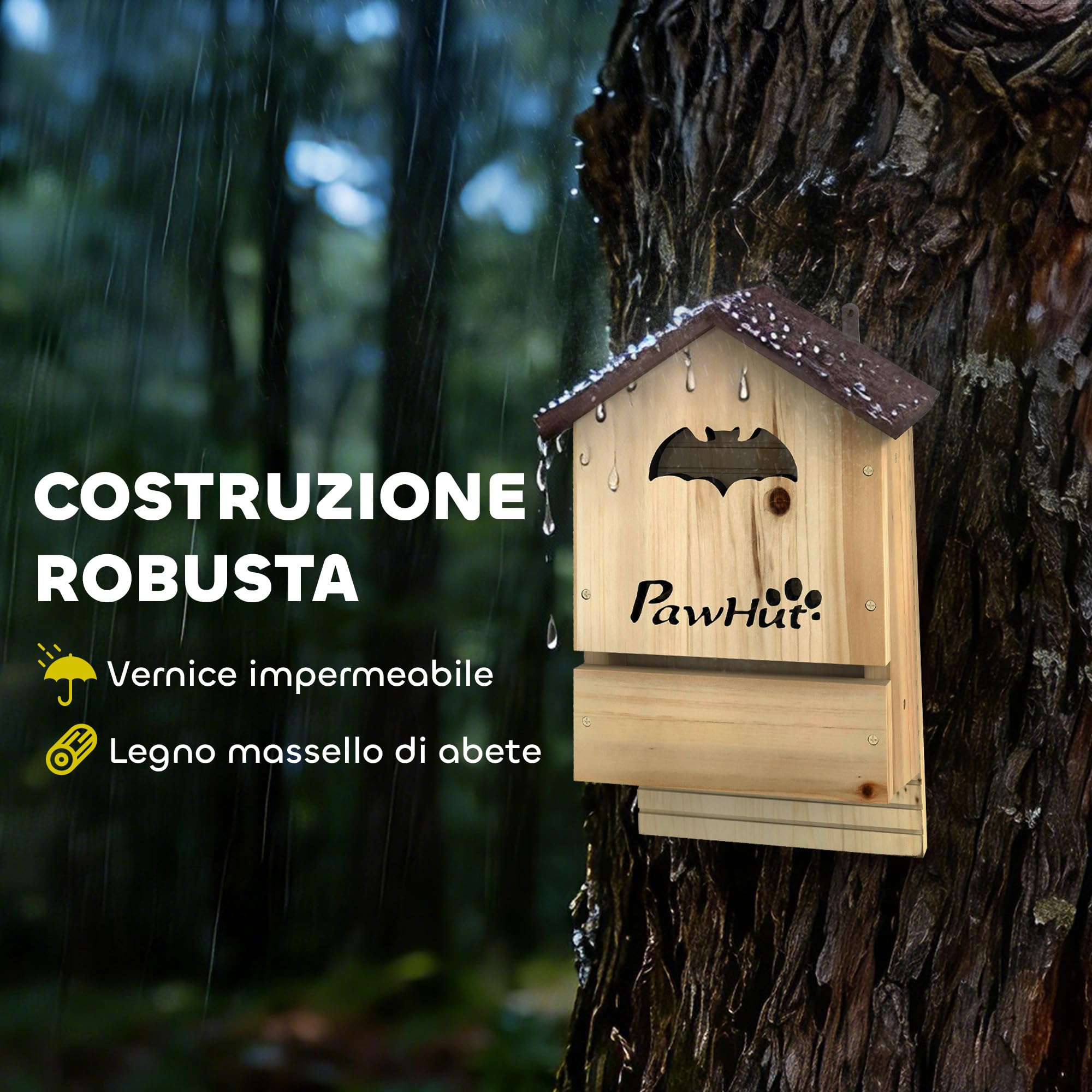 PawHut Set di 3 Casette per Pipistrelli 21.5x11.5x34 cm Legno Naturale | Legno di Abete, Rifugio per Pipistrellini, Da Esterno, Bat Box da Appendere