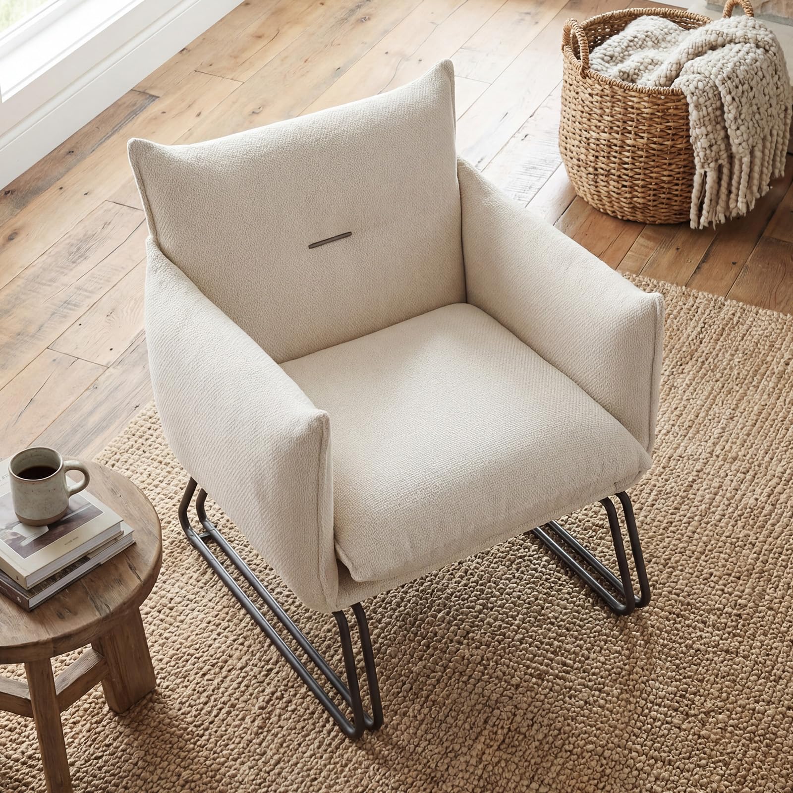 Moderne Loungesessel mit Stahlgestell, Webstoffbezug und Hoher Rückenlehne, Relaxsessel für Wohnzimmer, Arbeitszimmer oder Büro, Haferfarben