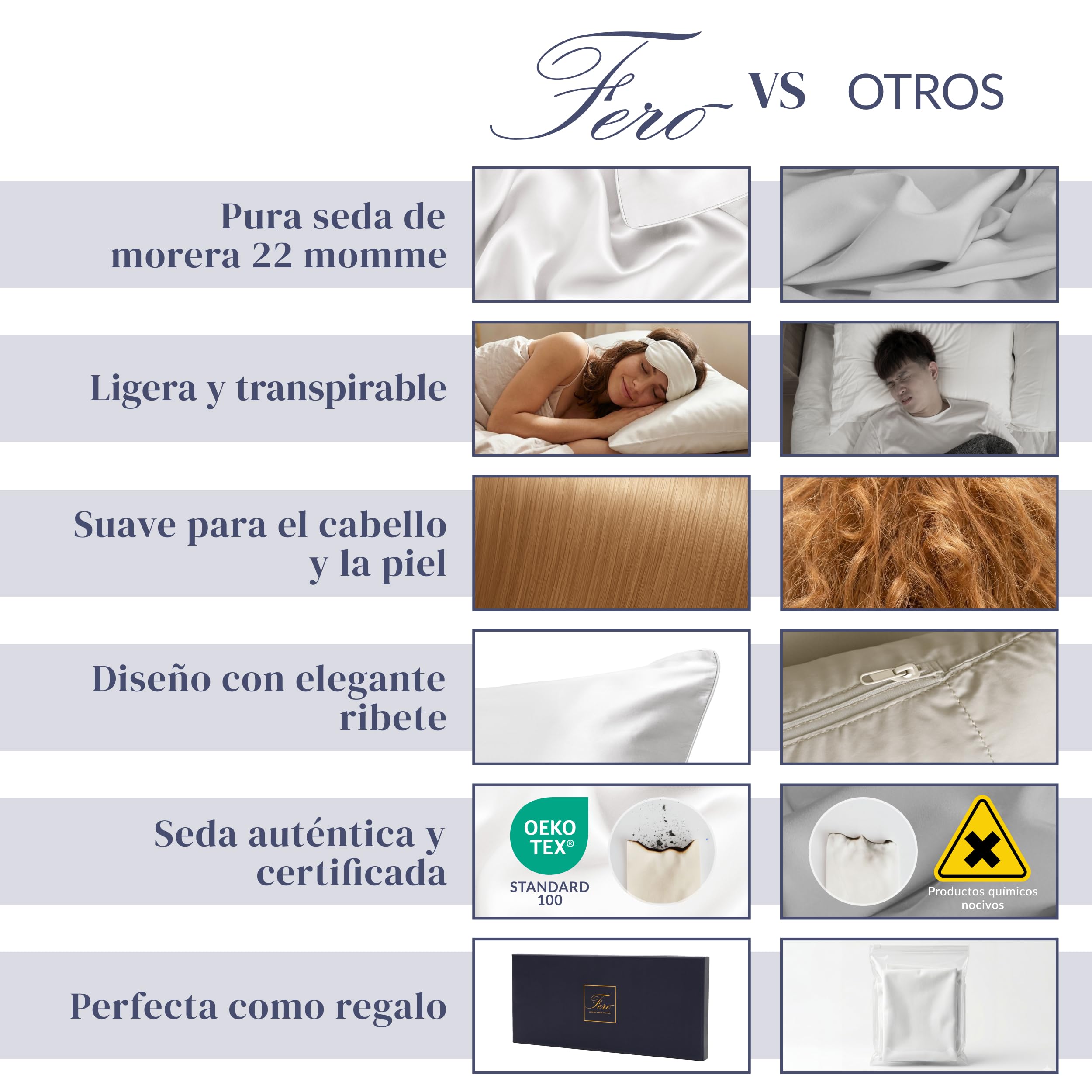Funda de Almohada de Seda Ferò, 50 x 80 cm, 100% Seda Natural de Morera, 22 Momme, Grado 6A, Beige