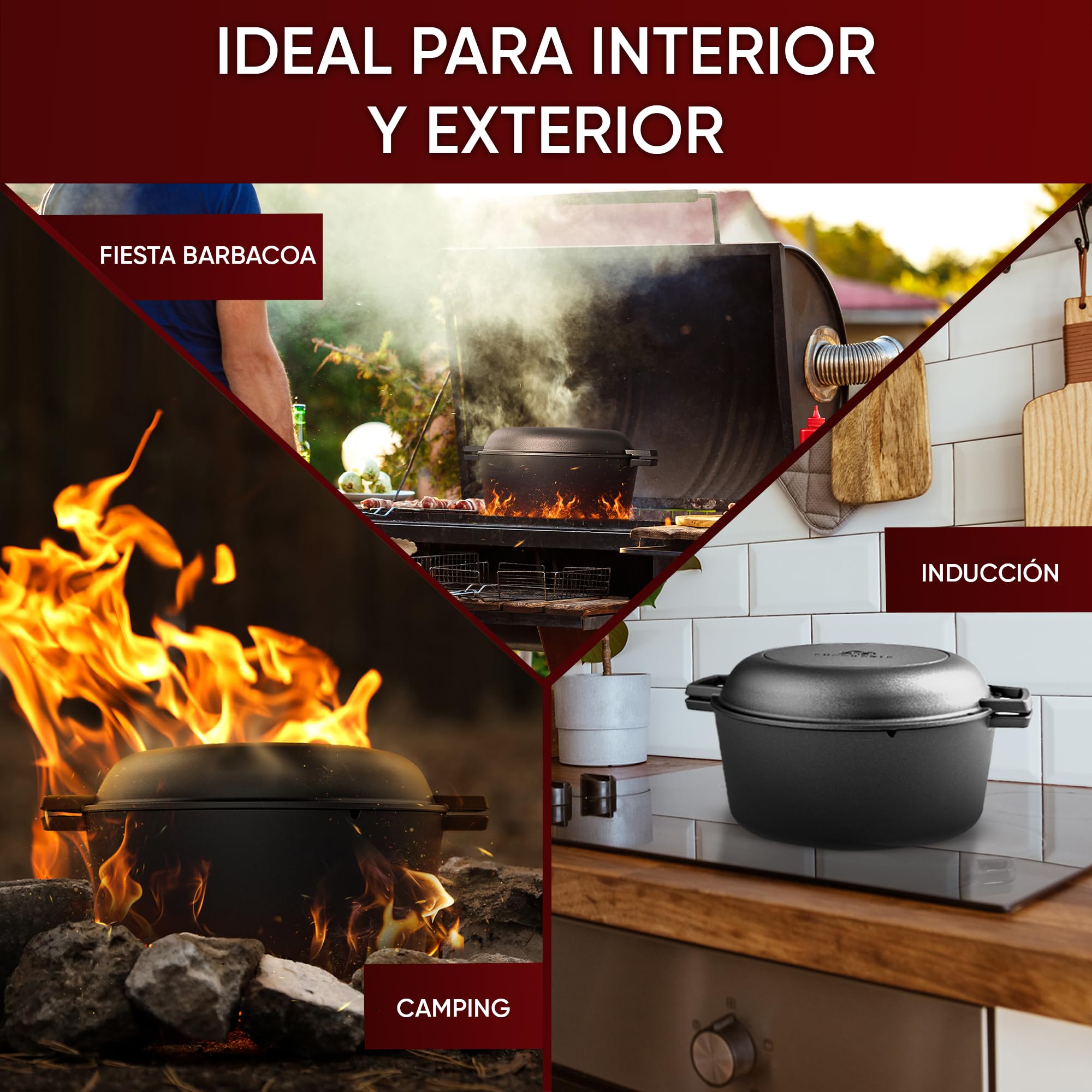 GUSSKÖNIG cocotte hierro fundido – Cocotte pre-curada de 4,8L y sartén de 1,8L. Set 2-en-1 con doble función para estofar, incluye recetario y accesorios para BBQ, camping y cocina