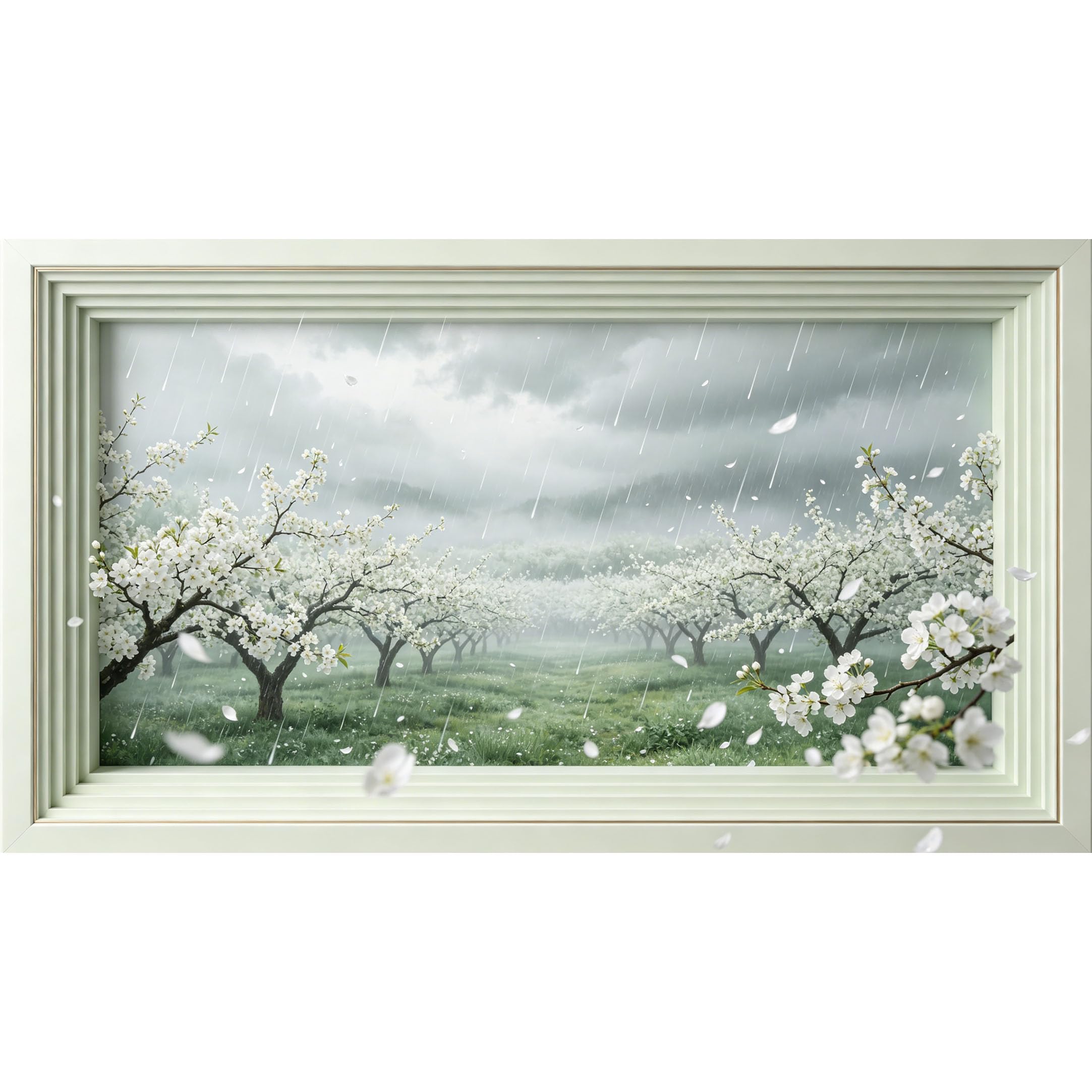 QZLITHOTIC 50×90cm3D Framed Wall Art， Rainy White Cherry Blossom Landscape SelfAdhesive Mural， WaterActivated Peel & Stick Fabric Decor Wall Decal for Bedroom Living Room