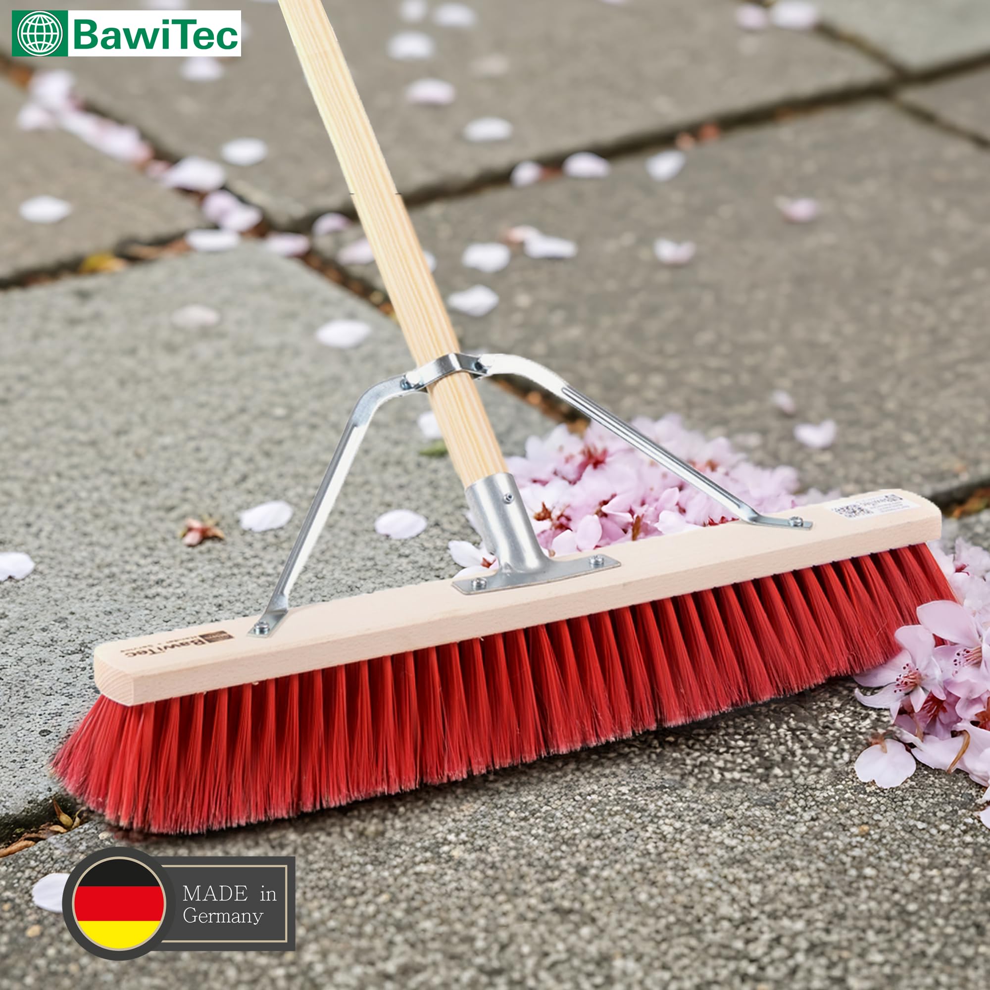 Profi Besen Straßenbesen 80cm mit Stiel 160cm Holzstiel rote Borsten Stabi | Spezieller Stielstabilisator/Zusatzhalterung, Besenstiel Ø28mm, Robuste Dichte Kunststoff-Borsten
