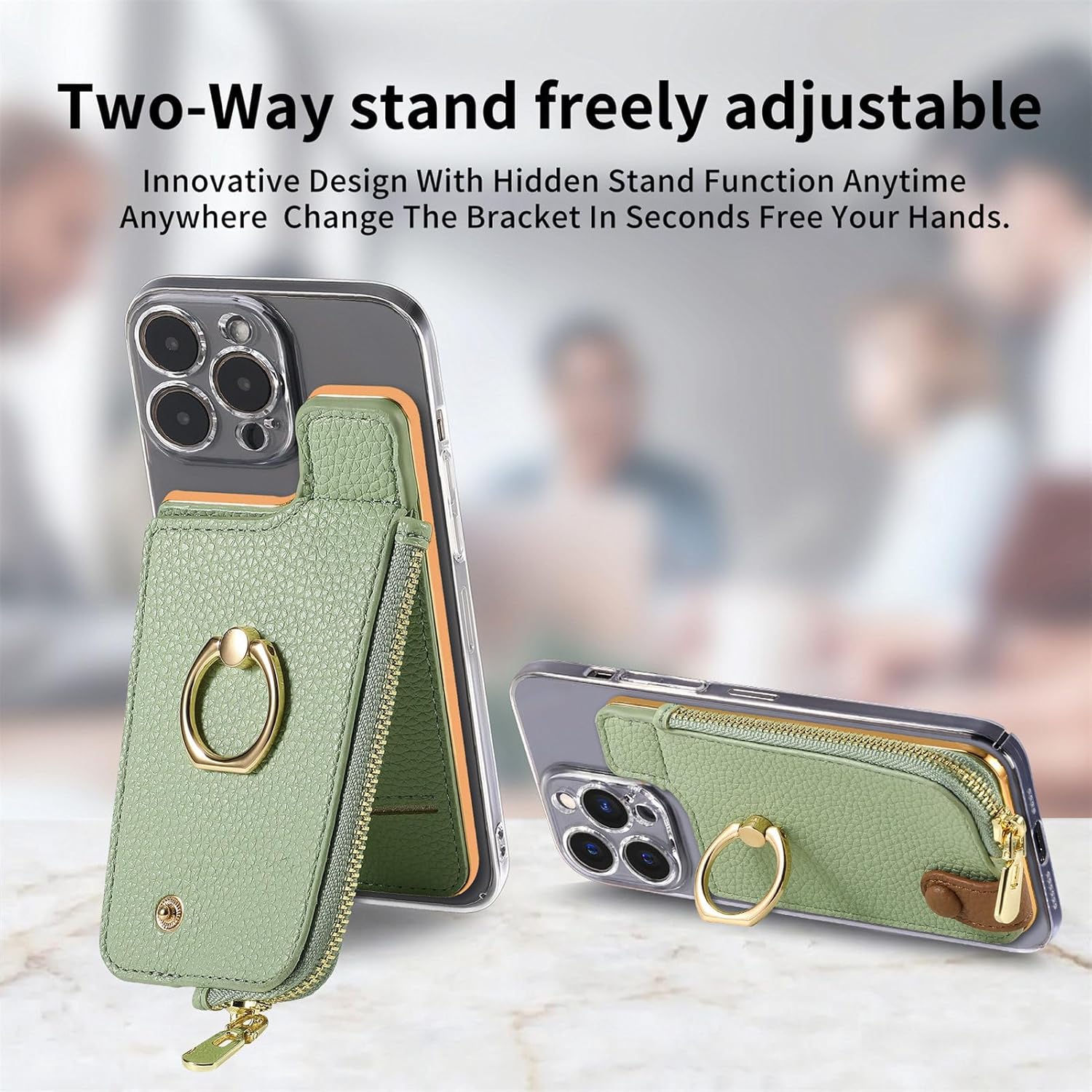 [Angel Smile] スマホ カードケース 粘着カードホルダー 貼り付け カード収納 ICカード 定期入れ 小銭入れ付き RFIDブロッキング リング付き スマホスタンド ファスナー付き コインケース かわいい 全機種対応 (ブルー)