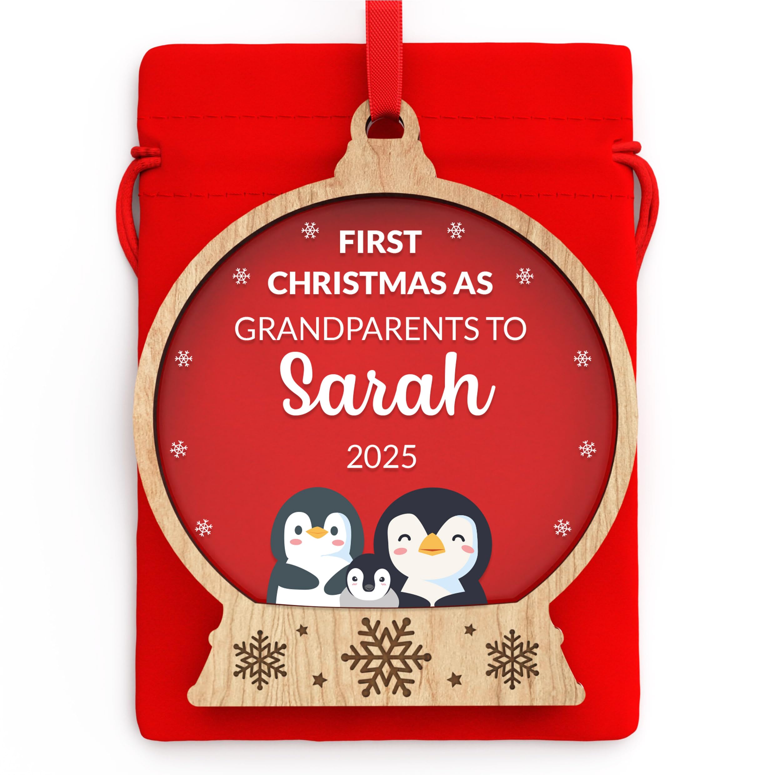 Beecreative Personalised Grandparent's First Christmas Bauble - 1st First Christmas As Grandparents Tree Decoration - Penguin Decoration - With Red Bag