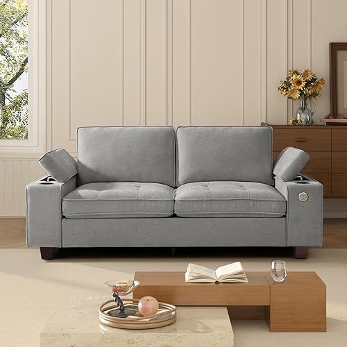 Sofá biplaza de 74 pulgadas para sala de estar, moderno sofá tapizado de felpilla con reposabrazos de almacenamiento ajustables, portavasos, puertos