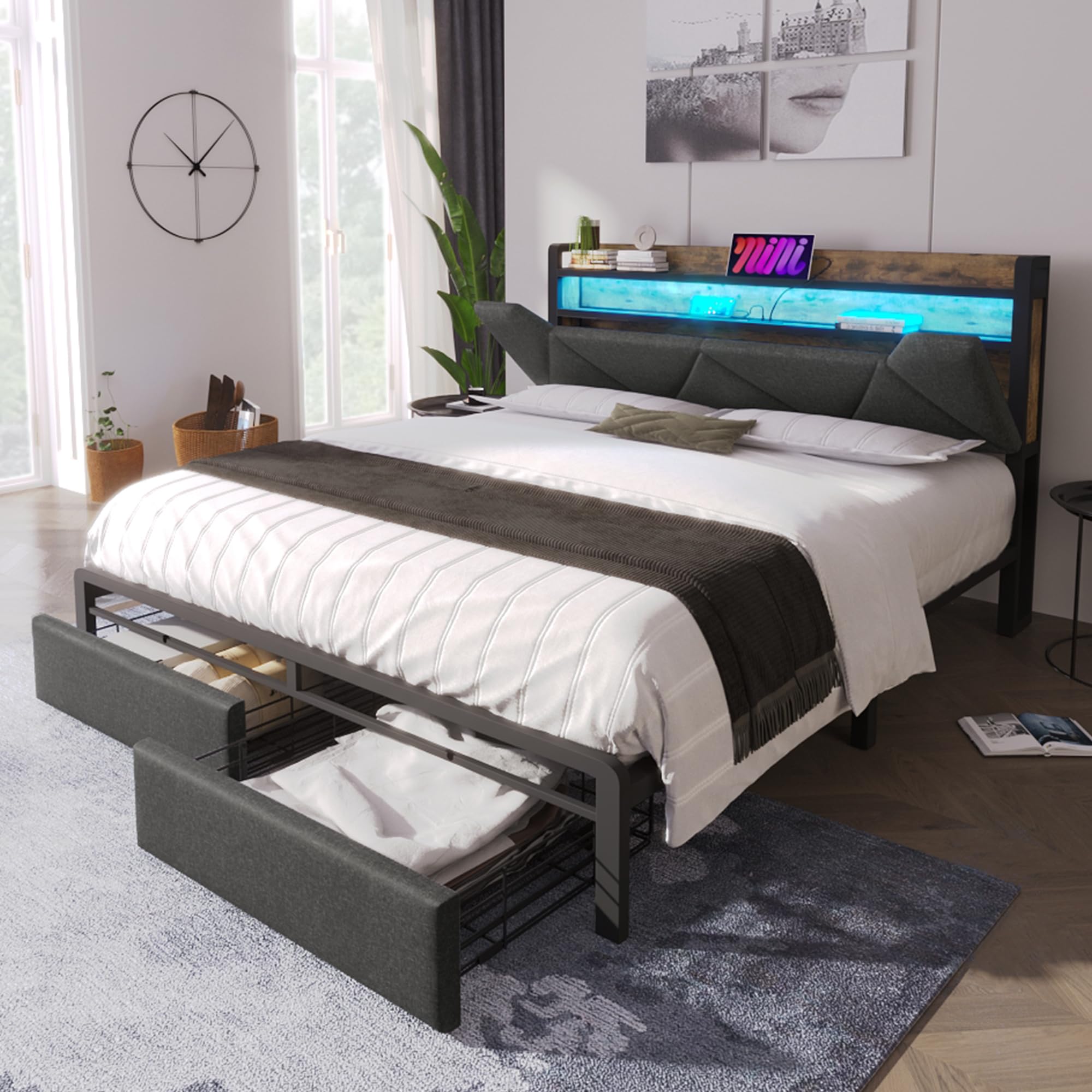 Merax 4ft6 LED Upholstered Double Bed Frame 135 x 190 cm with USB Type-C Charging Function, Storage Headboard and 2 Drawers,Metal Slatted Frame, Linen, Grey (No Mattress)