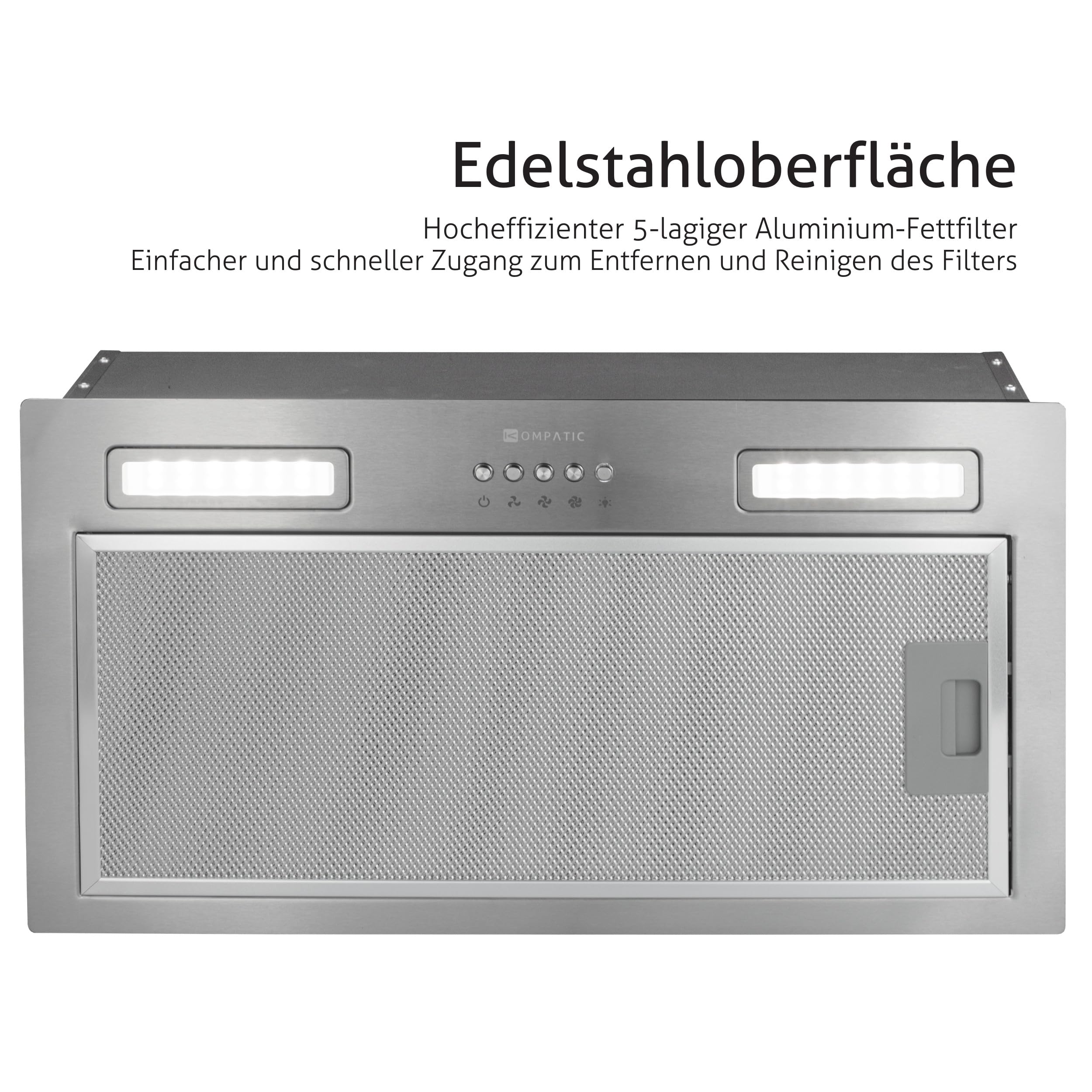 Lane 50 KLN50SIEinbau Dunstabzugshaube, A+++, 50 cm, 450 m³/h, Aktivkohlefilter KCF4 inklusive, Abluft/Umluft, Elektronische Steuerung, LED-Beleuchtung, 3 Stufen + Boost, Silber