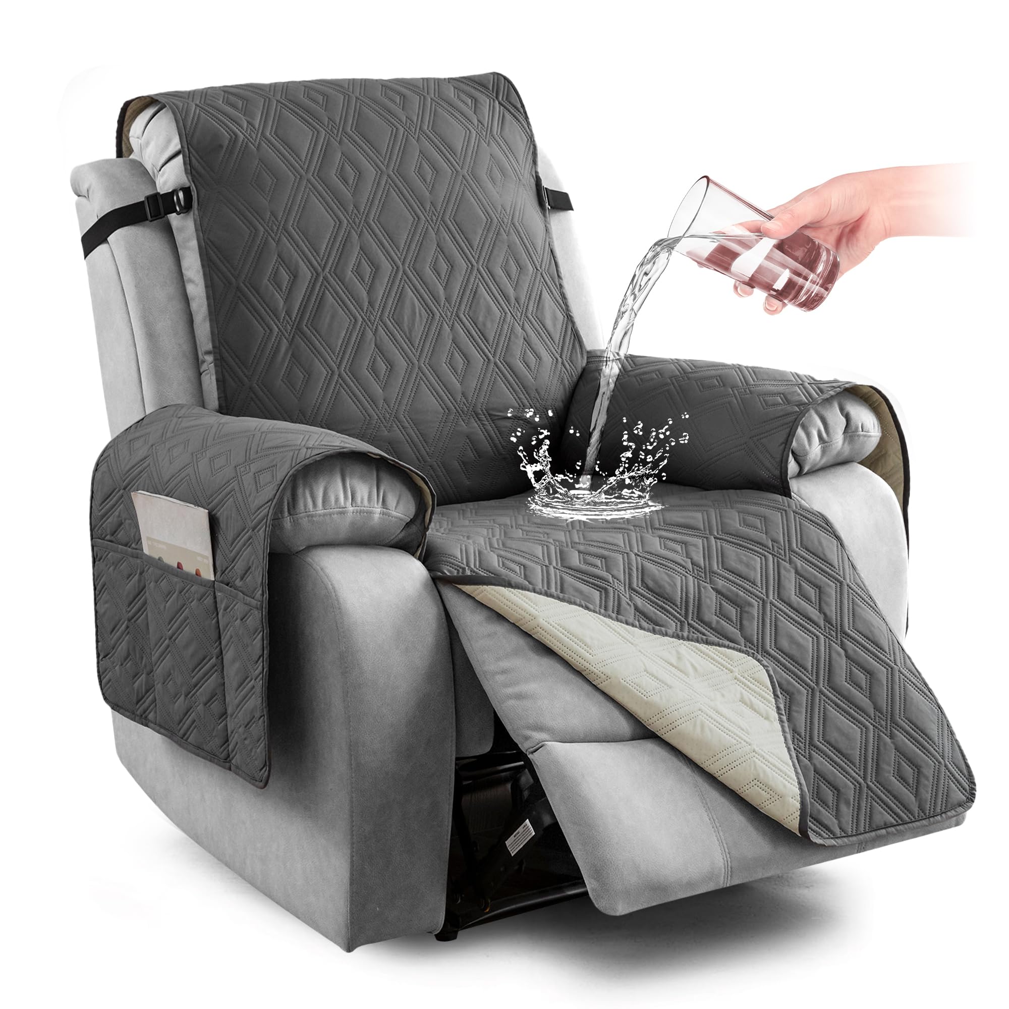 Waterproof Armchair Cover for Recliner Chair with Pocket, Non Slip Covers for Electric Chair, Furniture Protector for Kids, Pets, Food (Dark Grey, 28IN Width)