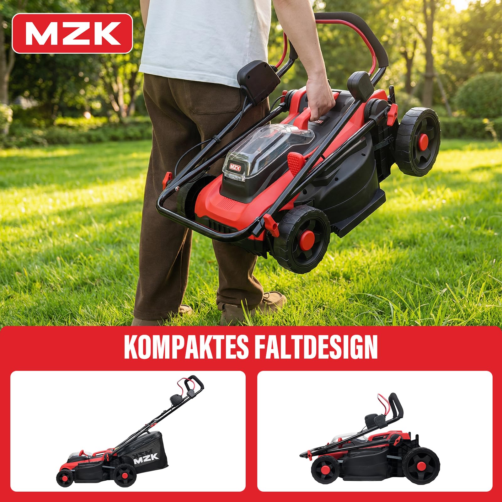MZK 40V Akku-Rasenmäher, 41 cm Schnittbreite, 2-in-1 Bürstenloser Akku-Rasenmäher, Schiebemäher mit 5-facher Schnitthöhenverstellung, inkl. 2 x 4,0 Ah Akkus & Ladegerät