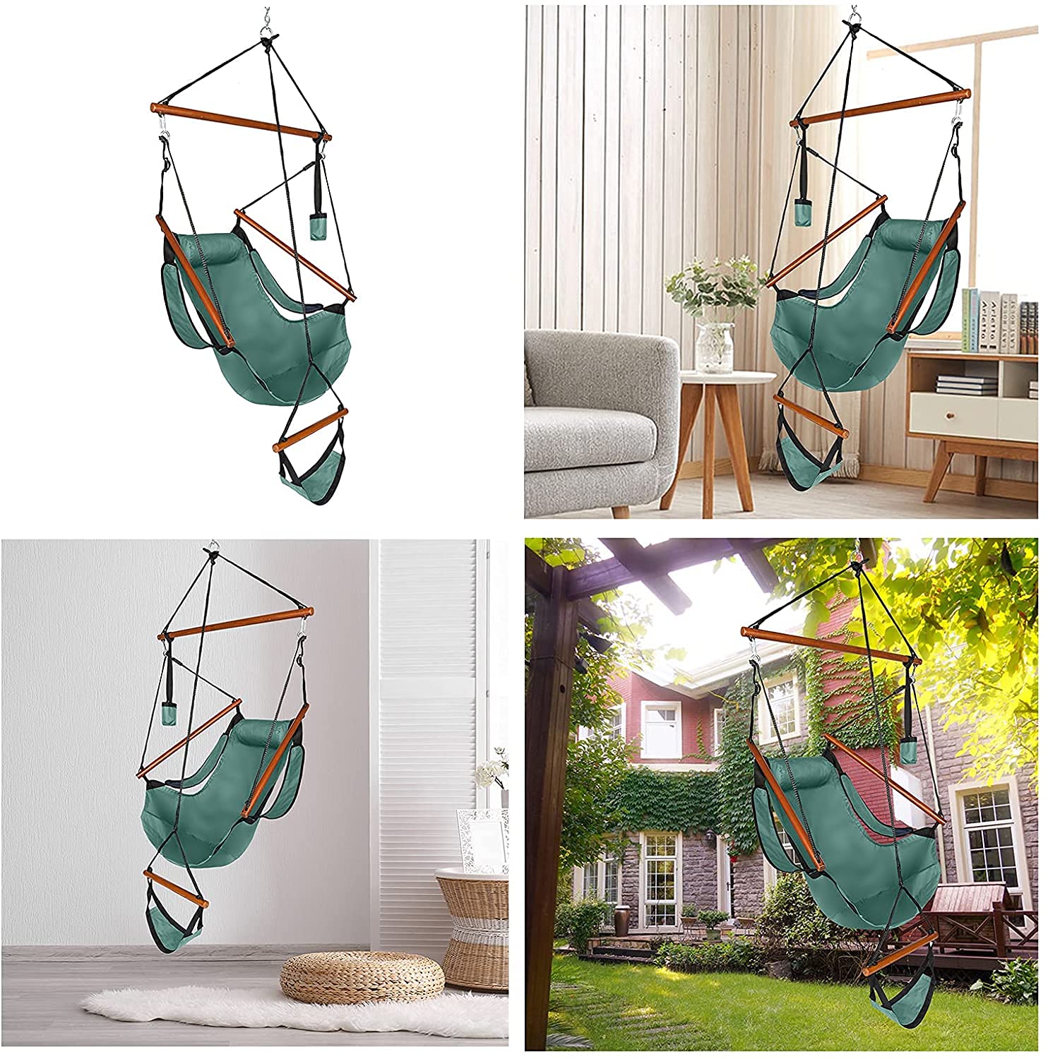 DYTWXG Hamaca para sillas Colgantes para Exteriores, reposabrazos y reposapiés con portavasos y Palo de Madera, Tela Oxford Perforada, Madera Dura máxima de 250 Libras