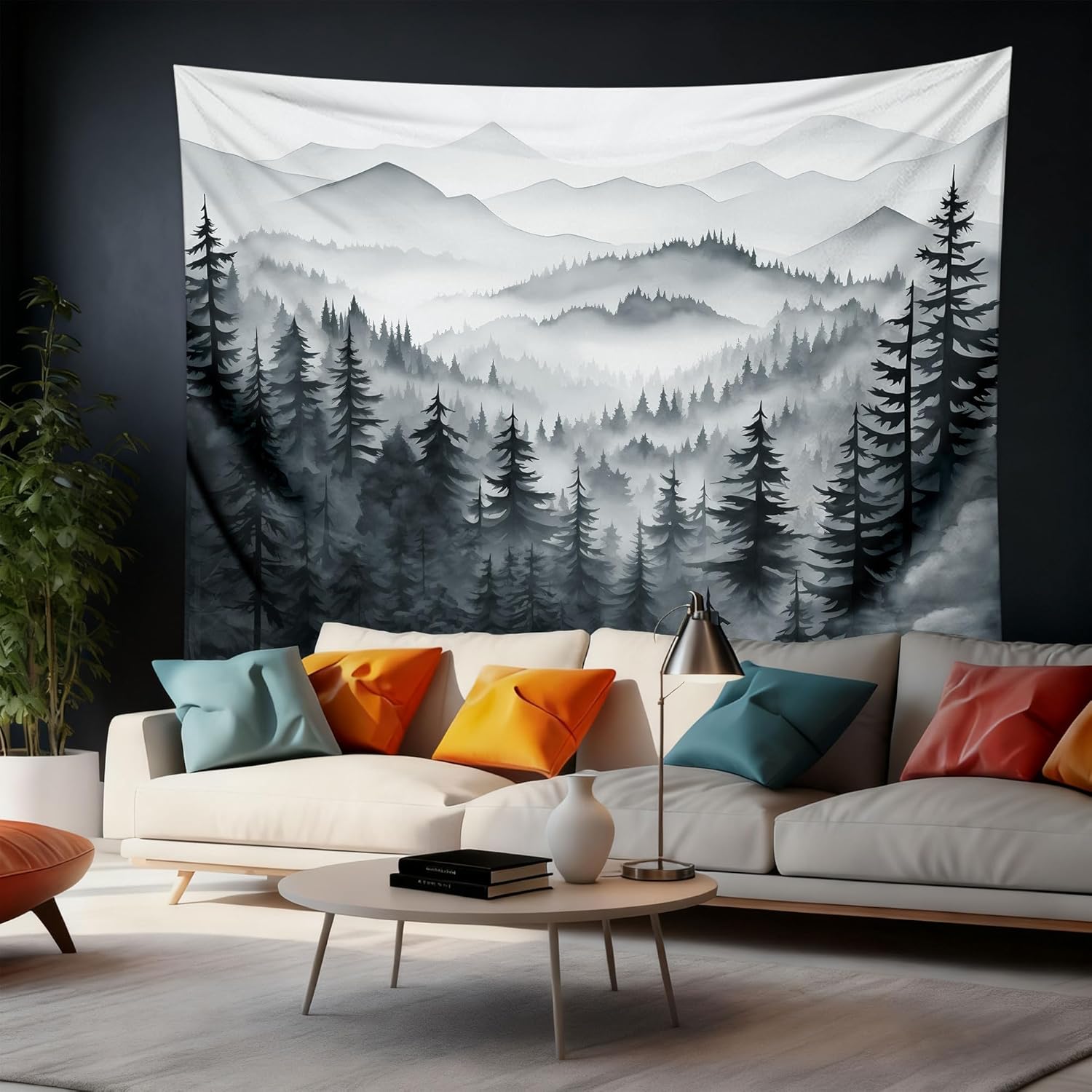 QGHOT Misty Forest Tapestry, Nature Mountain Tapestry Wall Hanging Black and White Grey Cool Landscape Wall Art for Mens Bedroom Living Room Decor 90.6"x70.9"