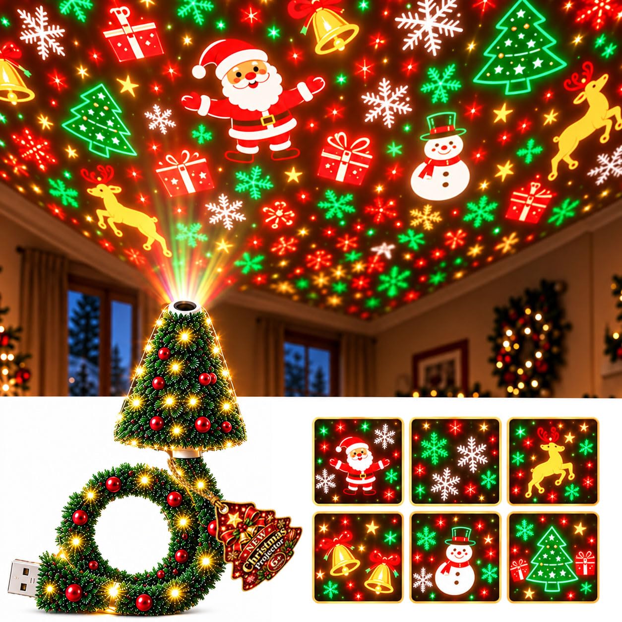 Christmas Projector Indoor, 360° Plug and Play HD Christmas Tree Projector, with 6+ Festive Patterns, USB Holiday Projection Light for Wall, Ceiling, Party, Holiday Decor