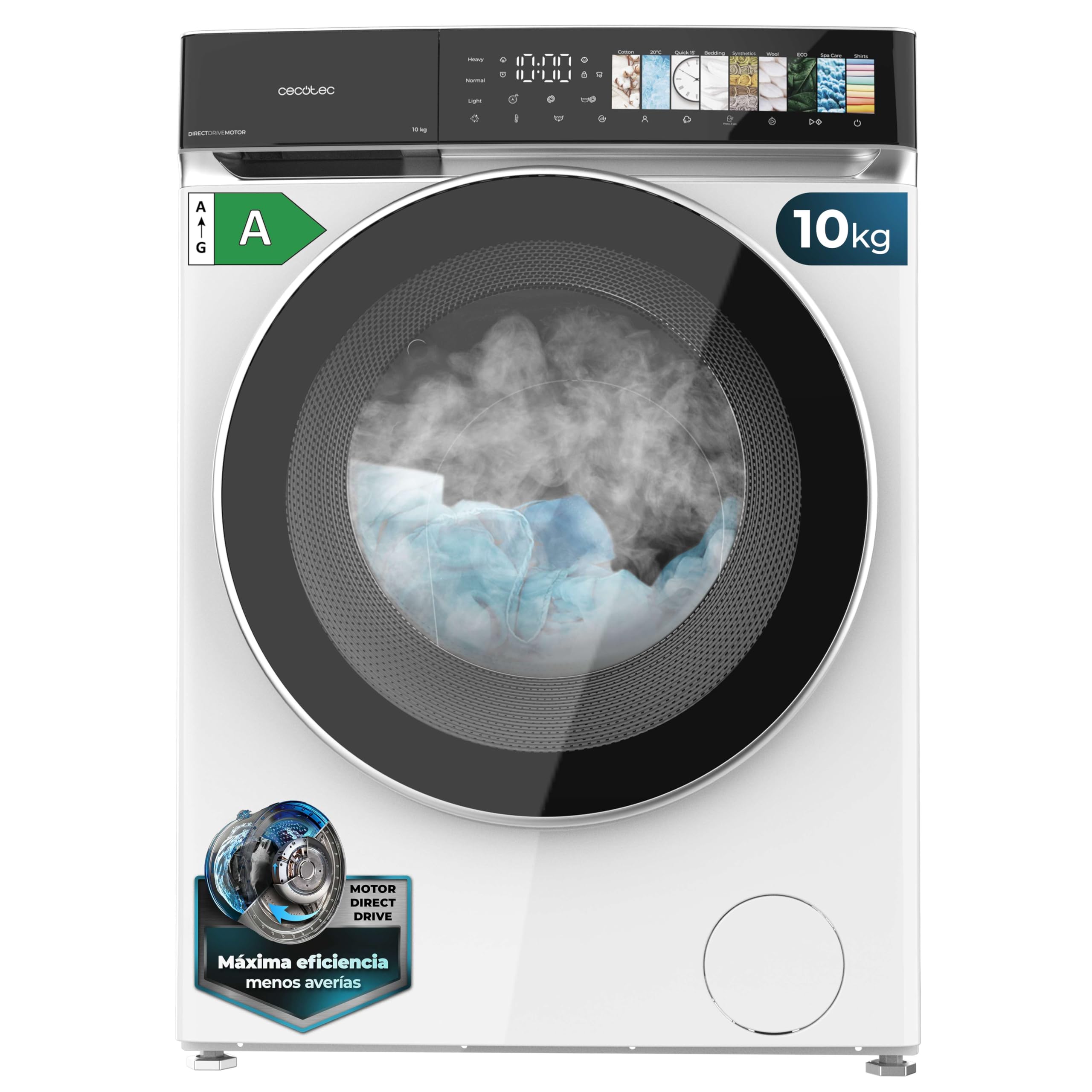 Cecotec Lavadora 10Kg Carga Frontal Bolero DressCode 10970 Direct Drive. Motor Direct Drive, 1400RPM, 11 Programas, PantallaFullColor, Puerta XXL, Función Vapor, Luz Interior, Stop&Go, Blanco
