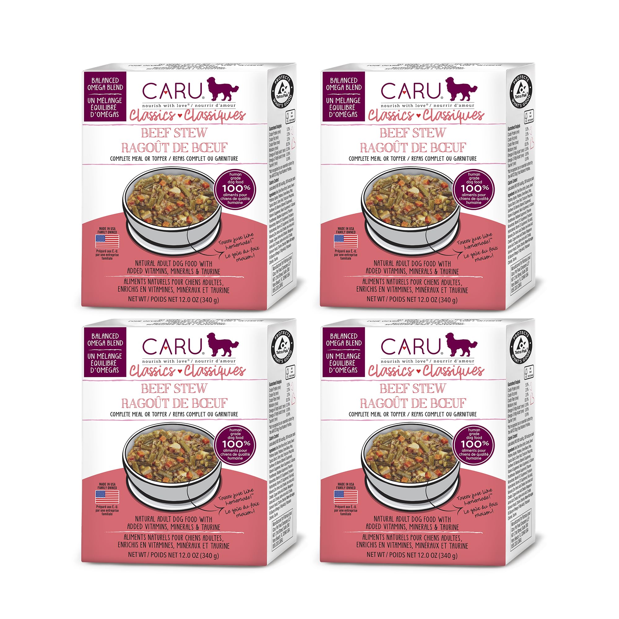 Caru Classics Beef Stew for Dogs - Healthy Wet Dog Food or Food Topper - Balanced Omega Blend - 12 oz Cartons - Pack of 4