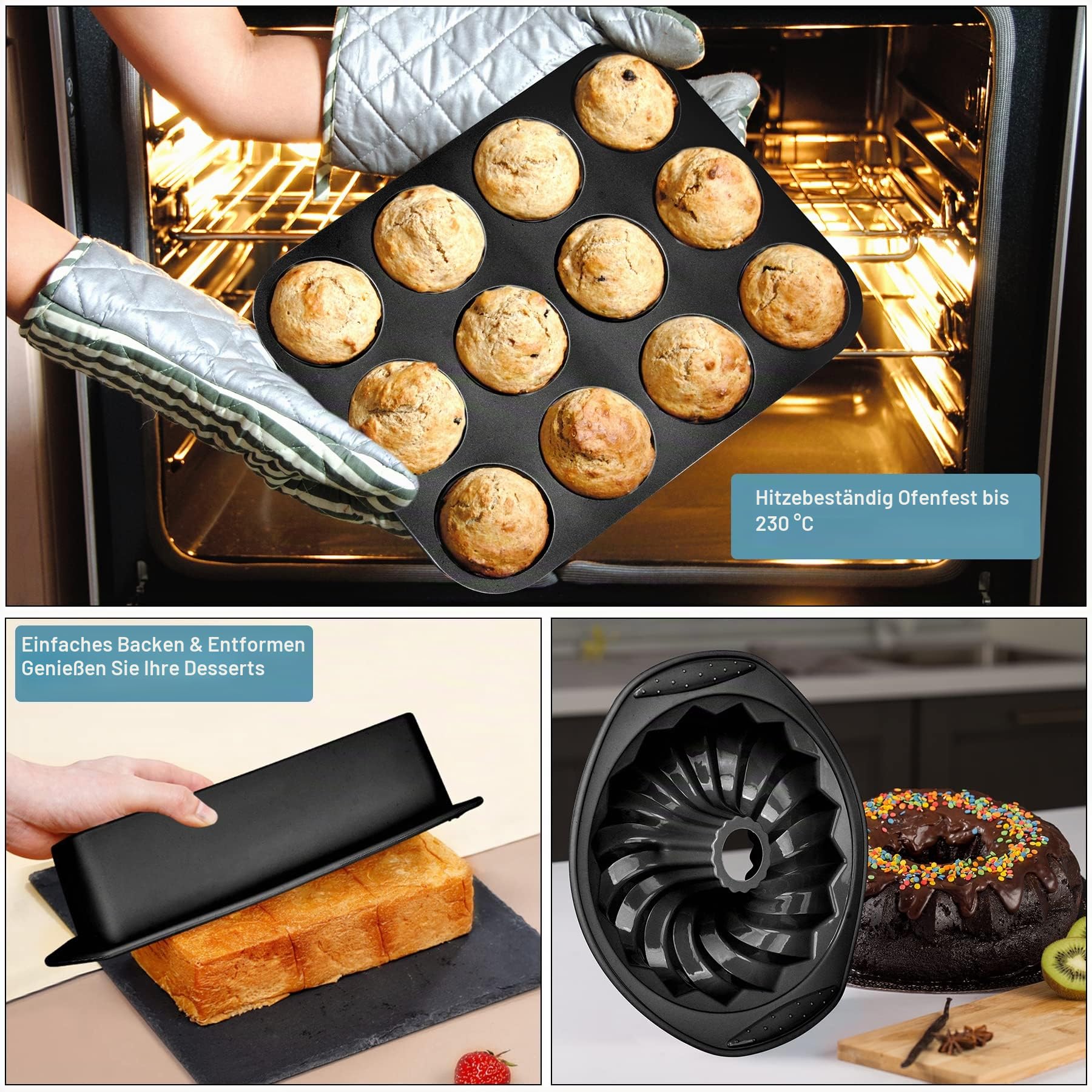 9-in-1 Antihaft-Silikon-Backform, geriffelte Kuchenform, Keksblech, Backformen, hitzebeständig, Backformen-Set für Muffins, Kastenform, Brot, Pizza, Cupcakes, Utensilien