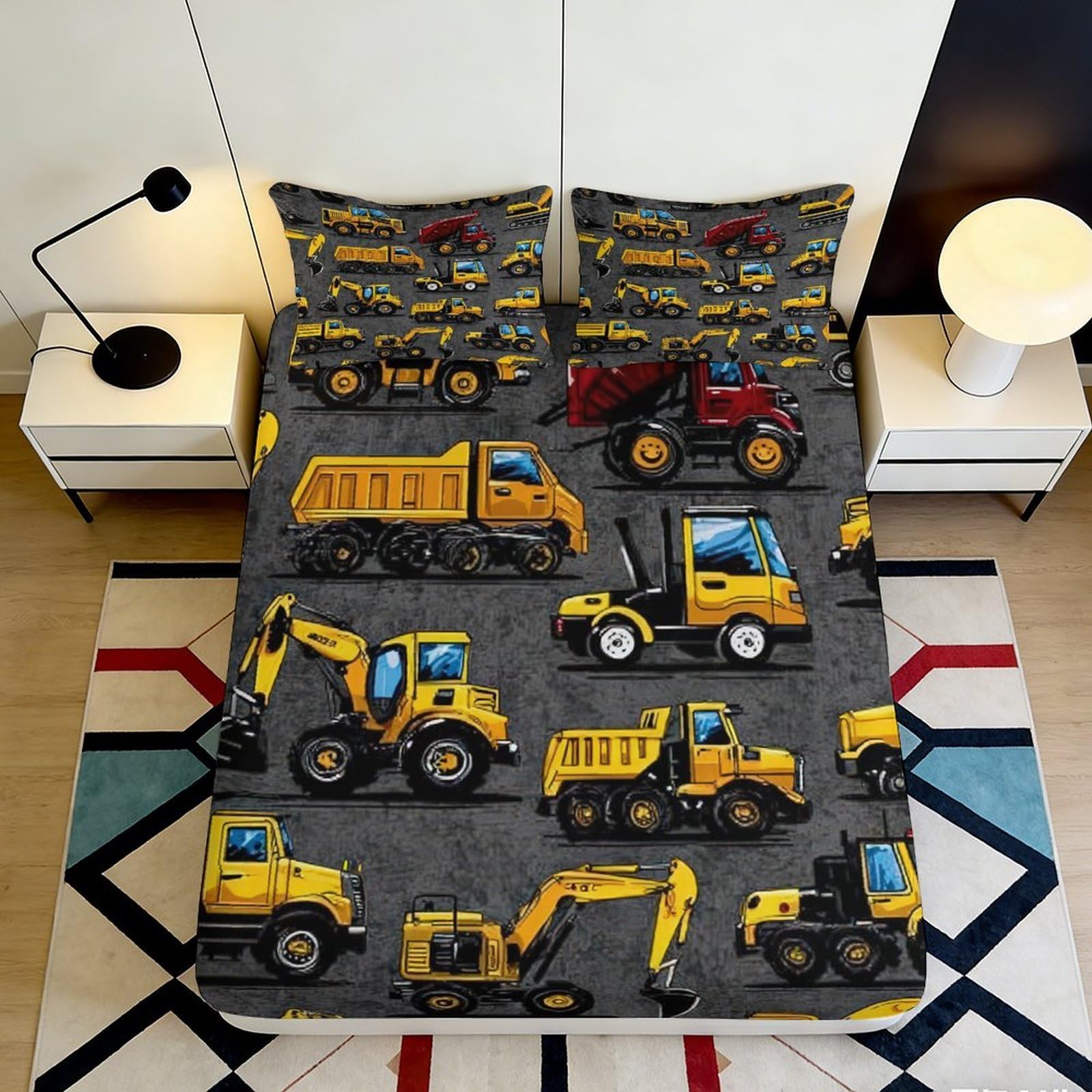 3D Printed Construction Vehicles Fitted Sheet Microfiber Anti-Slip Yellow Digger Bed Cover for Bedroom Dorm Mattress Decor 120x200x25cm