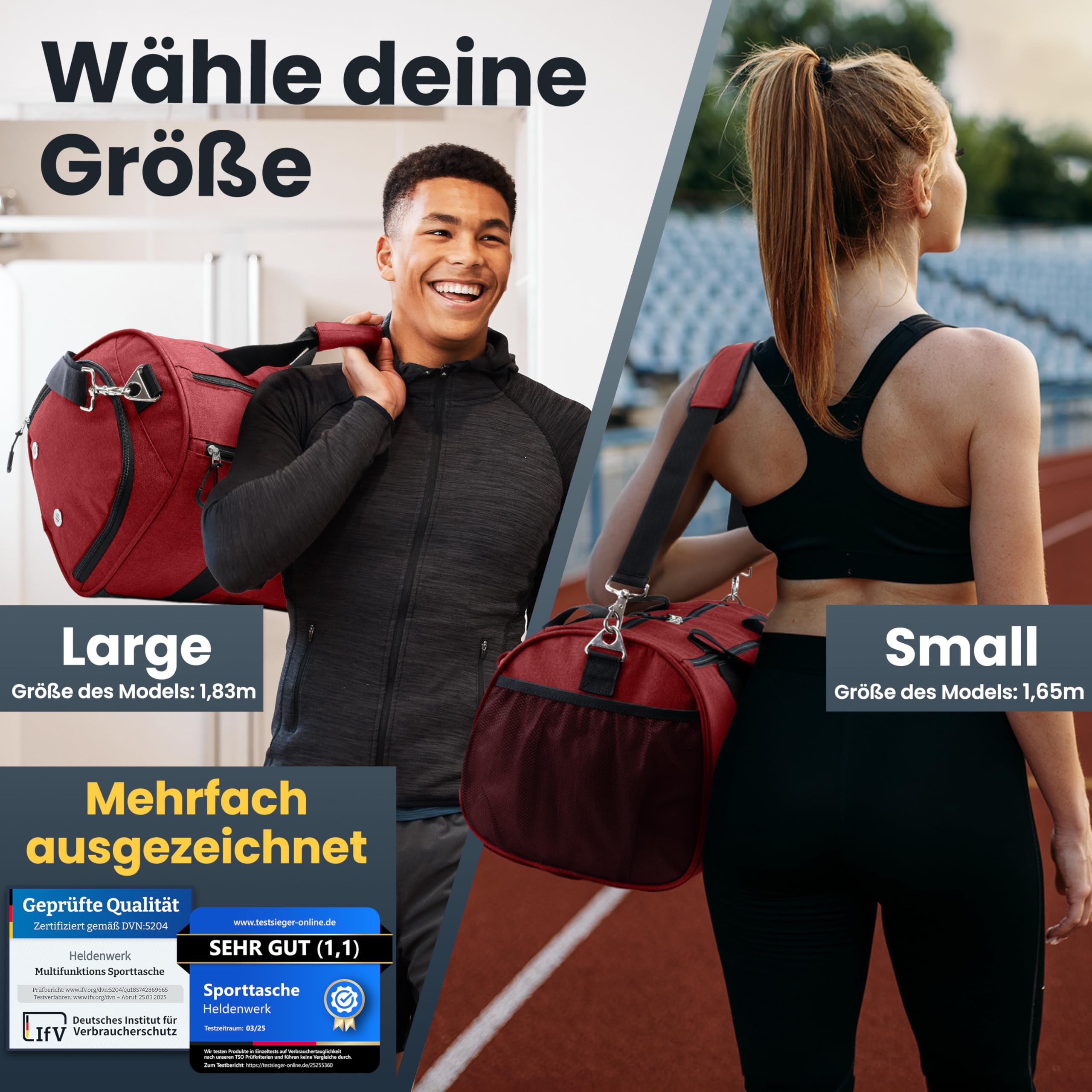 Torba sportowa i podróżna Heldenwerk® dla kobiet i mężczyzn, duża | Torba treningowa z przegrodą na buty i przegrodą na mokre rzeczy | Idealna jako torba podróżna, torba na siłownię, torba sportowa