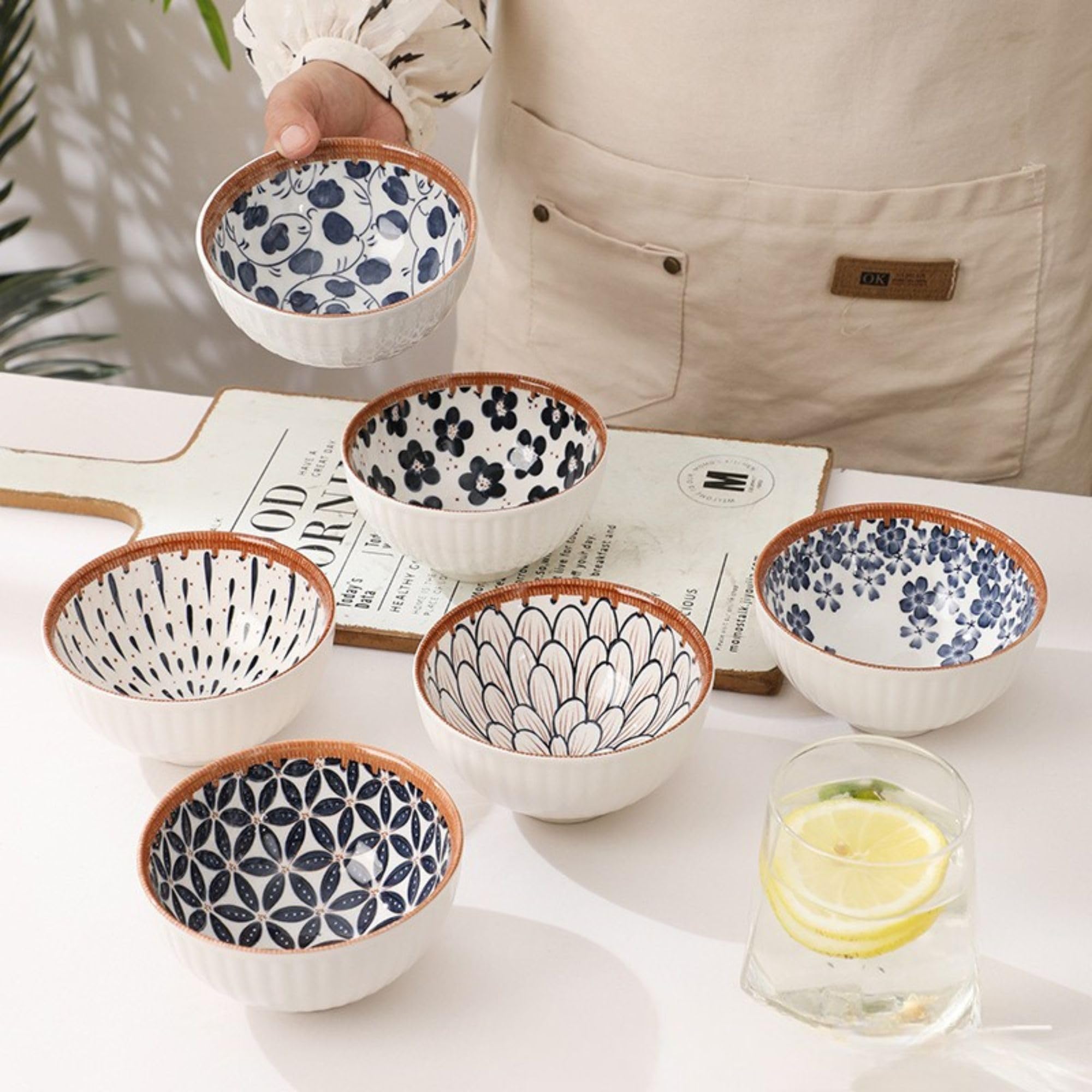 YANCI® Ceramic Japanese Style Rice Bowls with Gift Box Set, Microwave & Dishwasher Safe, BPA & Lead-Free Assorted Dinner Serving Bowls for Cereal, Soup, Dessert, Snacks, Rice, Fruit, Salad, Set of 6