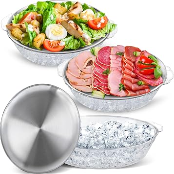 3 Set Chilled Serving Tray for Parties, 11.8" Chilled Party Platter with Compartments, Round Iced Platter, Shrimp Cocktail Serving Dish for Fruit Seafood Vegetable Oysters CrawfishSilver