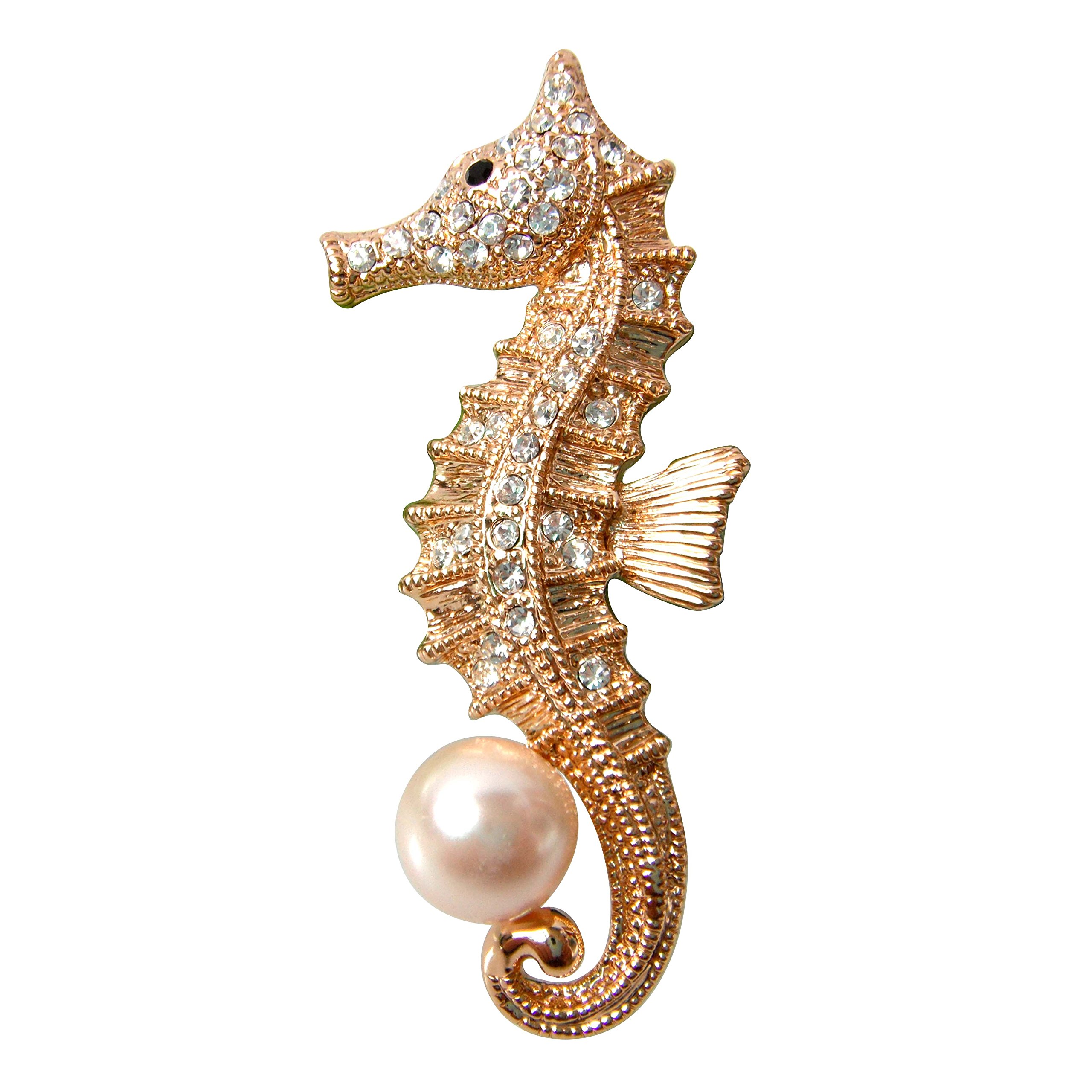 Navachi18k Gold Plated Pearl Crystal Sea Horse Brooch pins