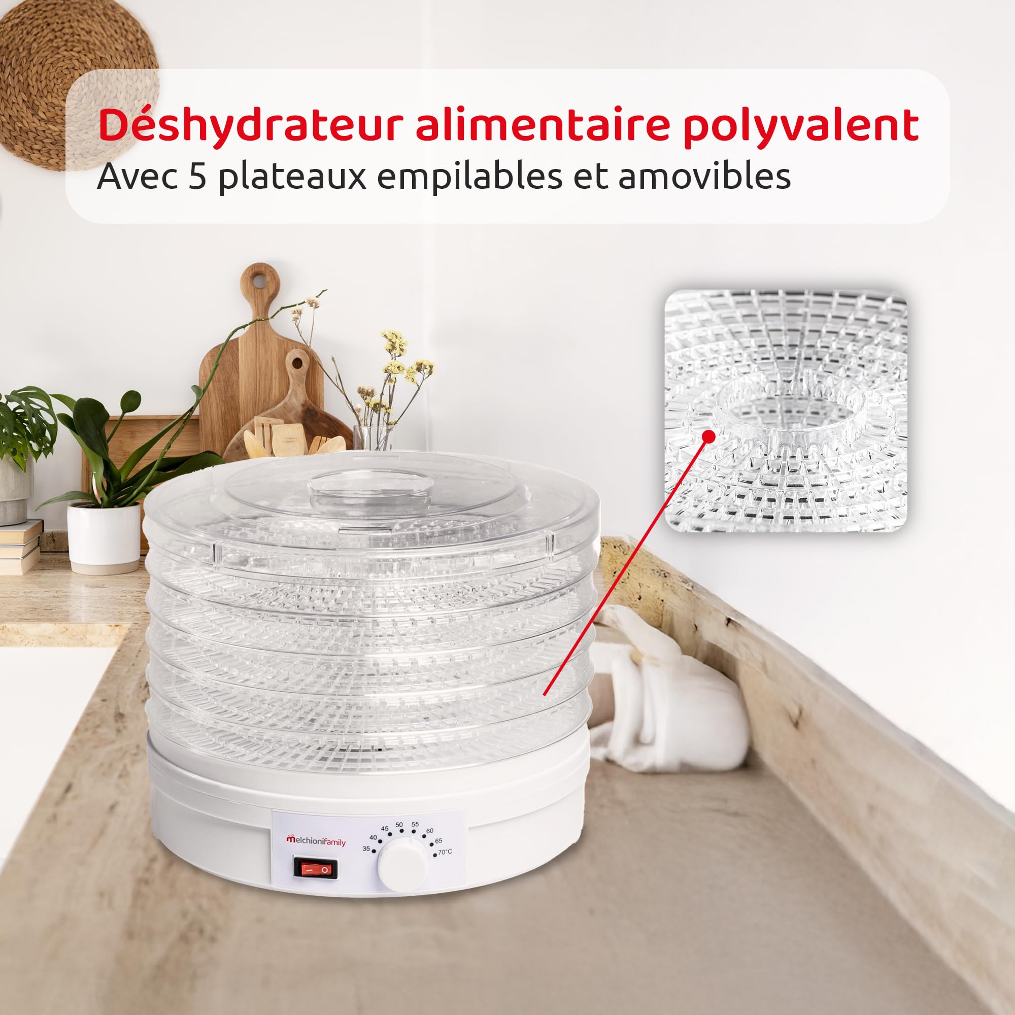 Melchioni Family | Déshydrateur Électrique BABELE, Déshydrateur Alimentaire Polyvalent, 5 Plateaux Empilables et Amovibles, Puissance 250W, Température Réglable 40–70°C