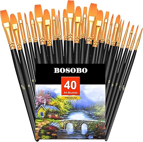 Miniatura 1 de BOSOBO Juego de 4 pinceles de pintura, 40 pinceles de punta redonda puntiaguda, pinceles de pintura acrílica de nailon para acuarela al óleo