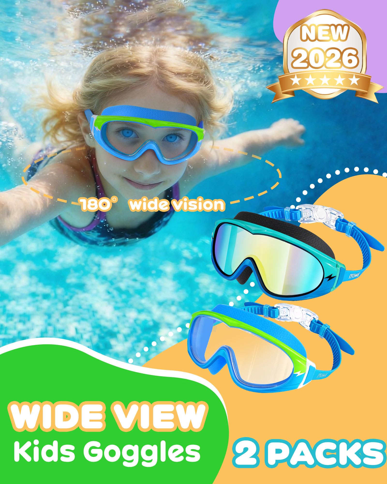 Gogle pływackie z szerokim widokiem, bez przeciekania gogle do pływania dla dzieci z ochroną przeciwmgielną/UV HD View Gogle dla dzieci chłopcy dziewczęta 3-15