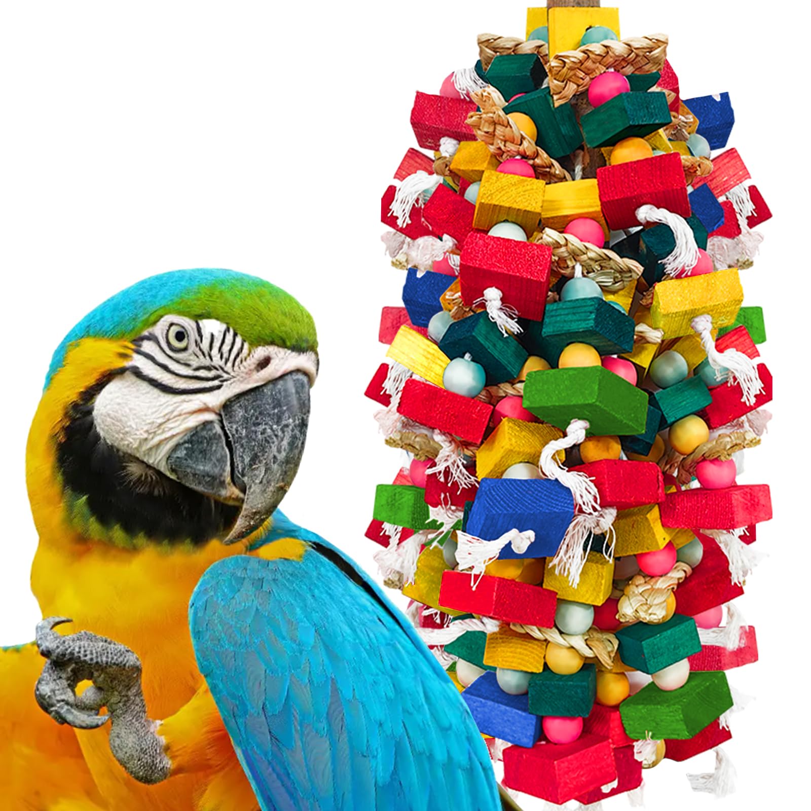 Extra Large Bird Toys for Macaws Cockatoos Amazons Chew - Natural Wood Parrot Chewing Toy with Foraging, Bird Cage Activity Center