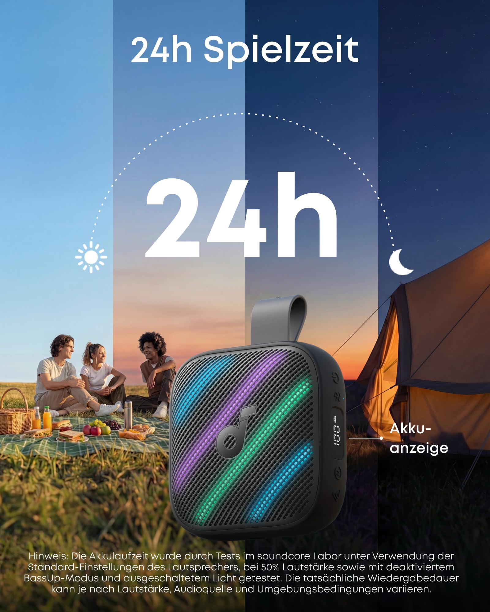 soundcore Boom Go 3i by Anker, tragbarer Lautsprecher mit 15W Sound, 24h Spielzeit, BassUp 2.0, Ladefunktion, Bluetooth 6.0, RGB Lichtshow, IP68 wasserfester Lautsprecher zum Wandern/Campen (Schwarz)