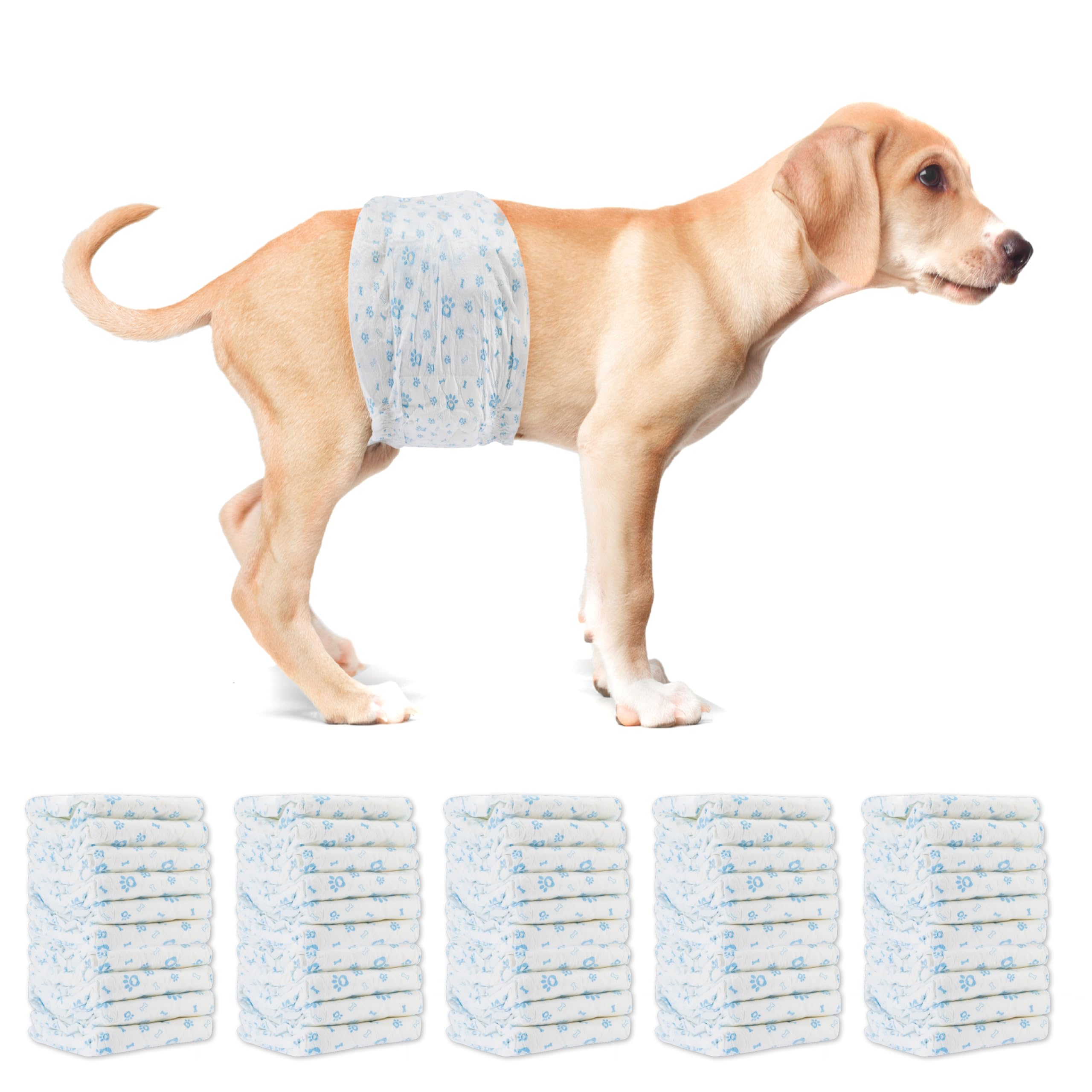 Pannolini Cane Maschio Usa e Getta 50 pz ad Assorbenza Alta e Indicatori Umidità - Pannolino a Fascia con Patch Adesiva Forte - Taglia Regolabile