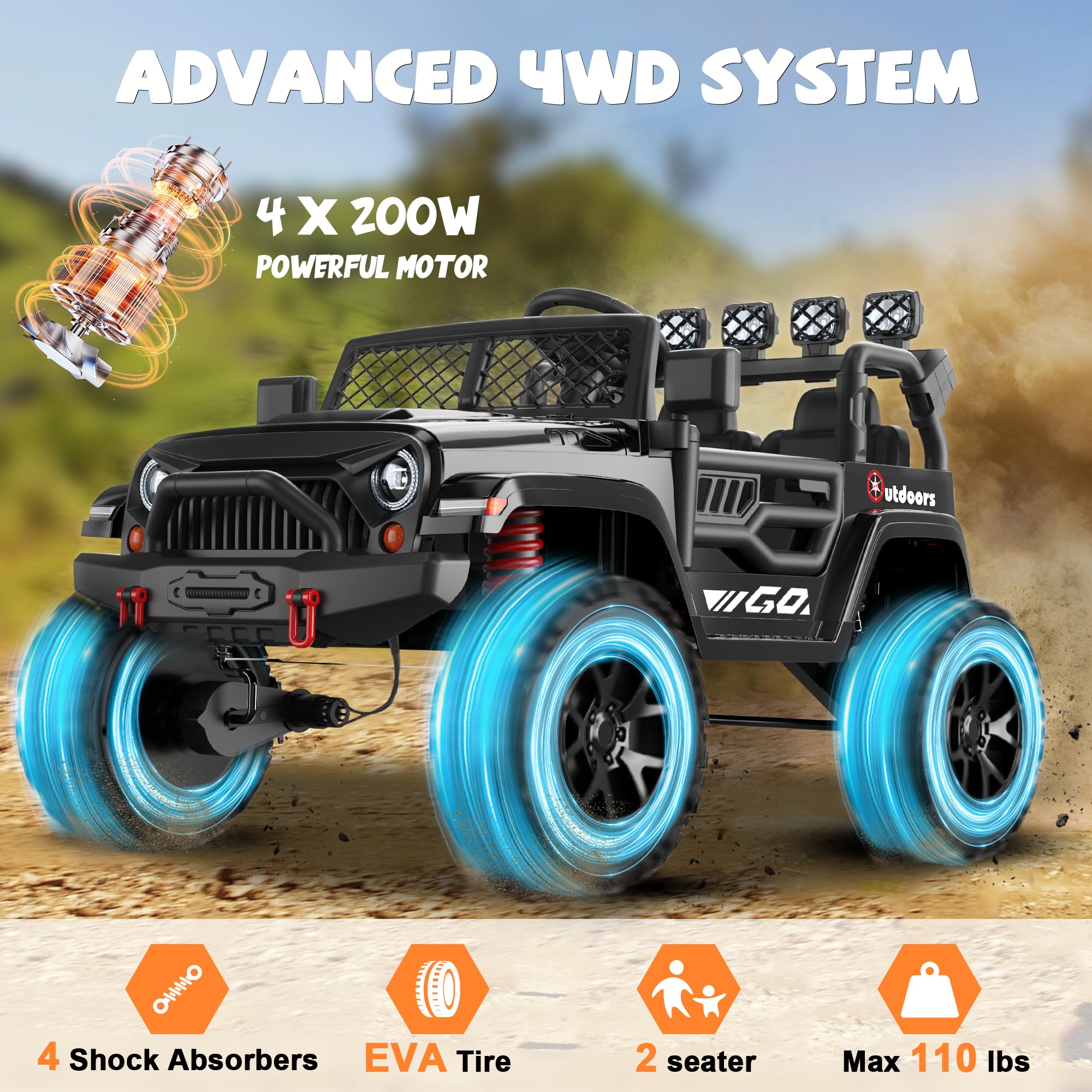 ANPABO 24V 2 Seater Ride on Toy Truck w/EVA Tires, 4X200W Motors, 4 Shock Absorbers, 2.4G Remote Control, Bluetooth Radio, LED Headlights & Searchlights, Electric Car for Kids 3-8, Black