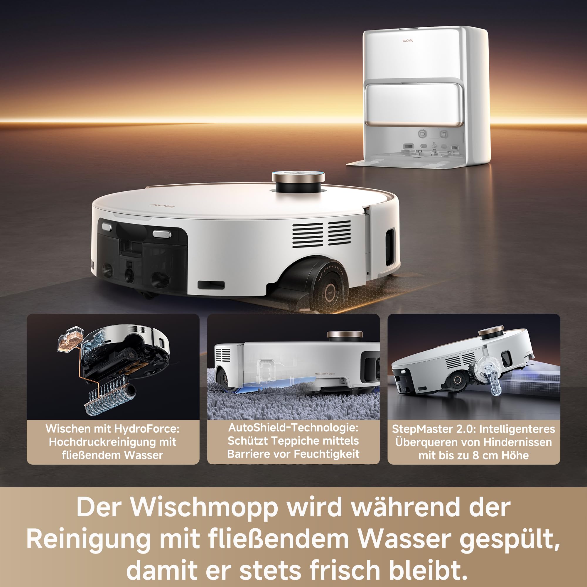 Mova Z60 Ultra Roller Complete Saugroboter mit Wischfunktion, HydroForce-Wischen, AutoShield-Technologie, LiftPro-Gehäuse und StepMaster 2.0-System, 28.000 Pa Saugkraft, Wischen mit DuoSolution-System
