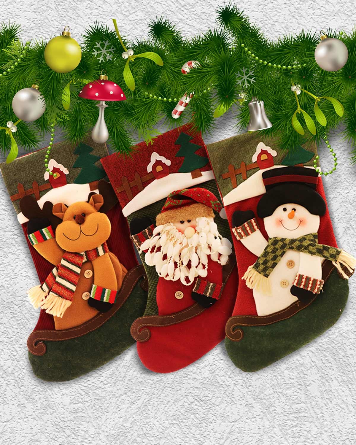LucaSng Christmas Stocking, Christmas Stockings Set, Large Xmas Stocking for Tree Decoration, Personalised Christmas Stockings for Fireplace, Themed Santa, Reindeer, Snowman/Green