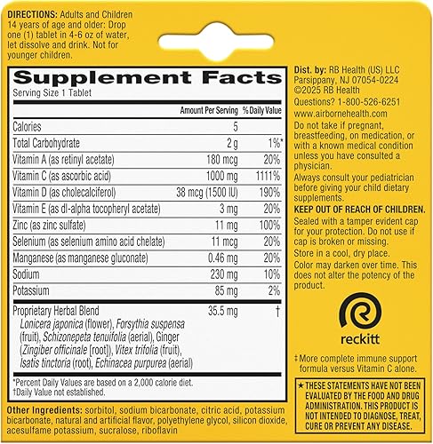 Miniatura 11 de Airborne 1000 mg de vitamina C con vitamina D y zinc, suplemento multivitamínico sin azúcar, antioxidantes, vitaminas A, C y vitamina E, 10 tabletas