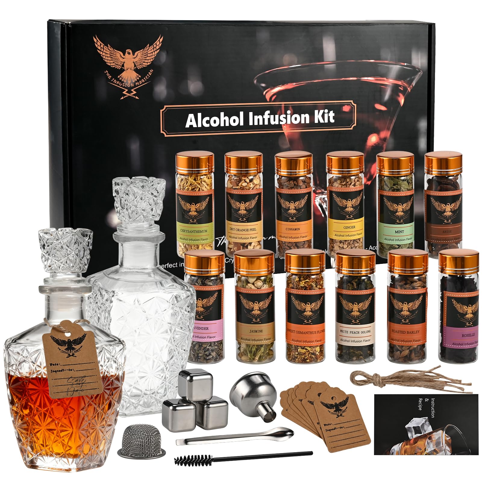 Alcohol Infusion Kit with 12 Natural Flavors for Whiskey, Gin, Tequila, Vodka & Cocktails, DIY Your Own Flavored Spirits, Unique Gifts for Men, Husband, Dad -Birthday, Anniversary