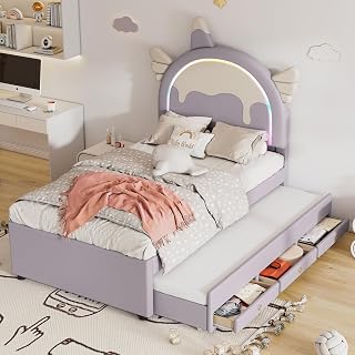 buiesjole 90 x 200 cm Cuna de dibujos animados, forma de unicornio, equipada con cama enrollable extraíble, material de poliuretano, color morado