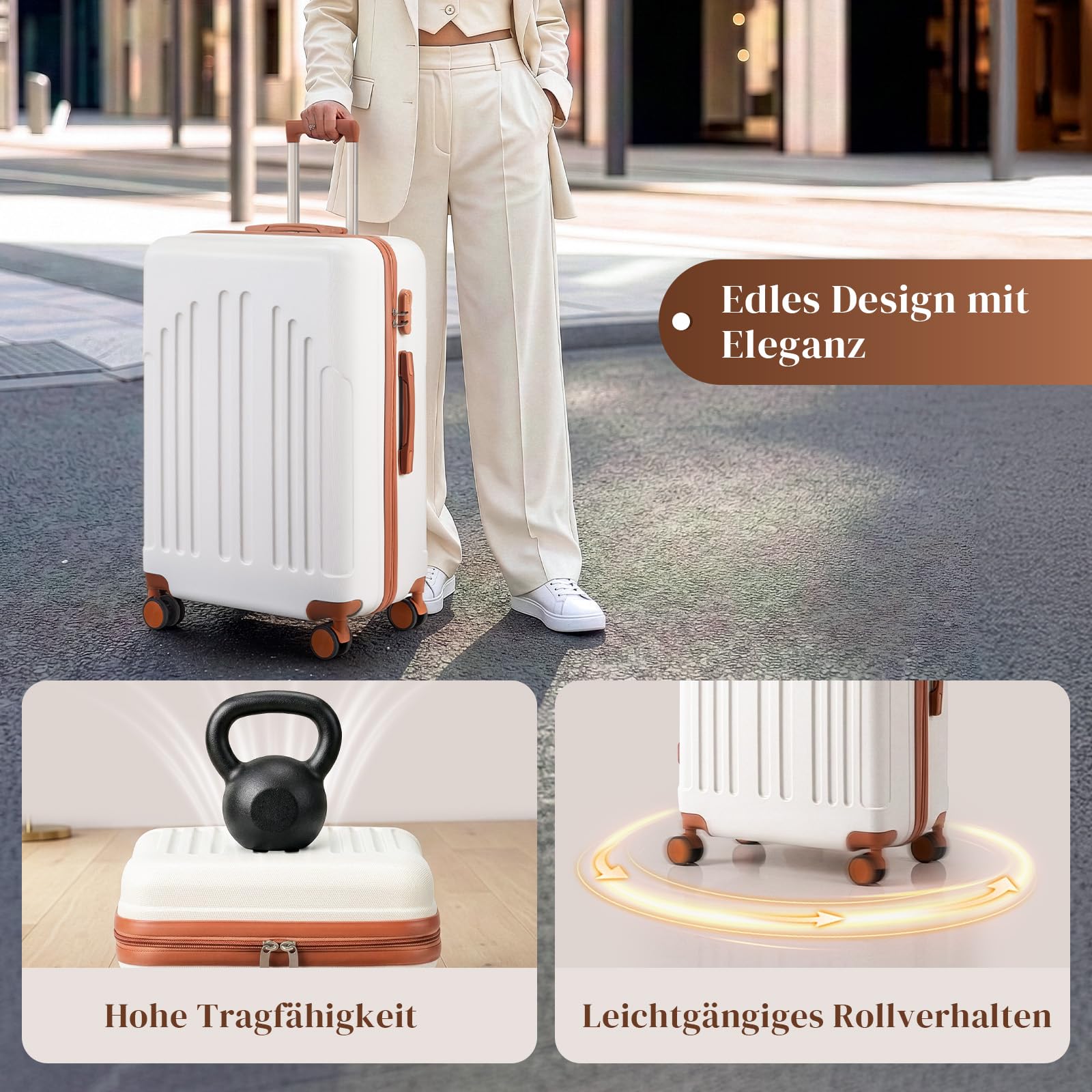 LALAHO Kofferset 5 teilig mit Kosmetikkoffer, Hartschalen Koffer Set aus ABS, Reisekoffer Set, Gepäckset mit Schminkkoffer, Handgepäck, Beige-Braun